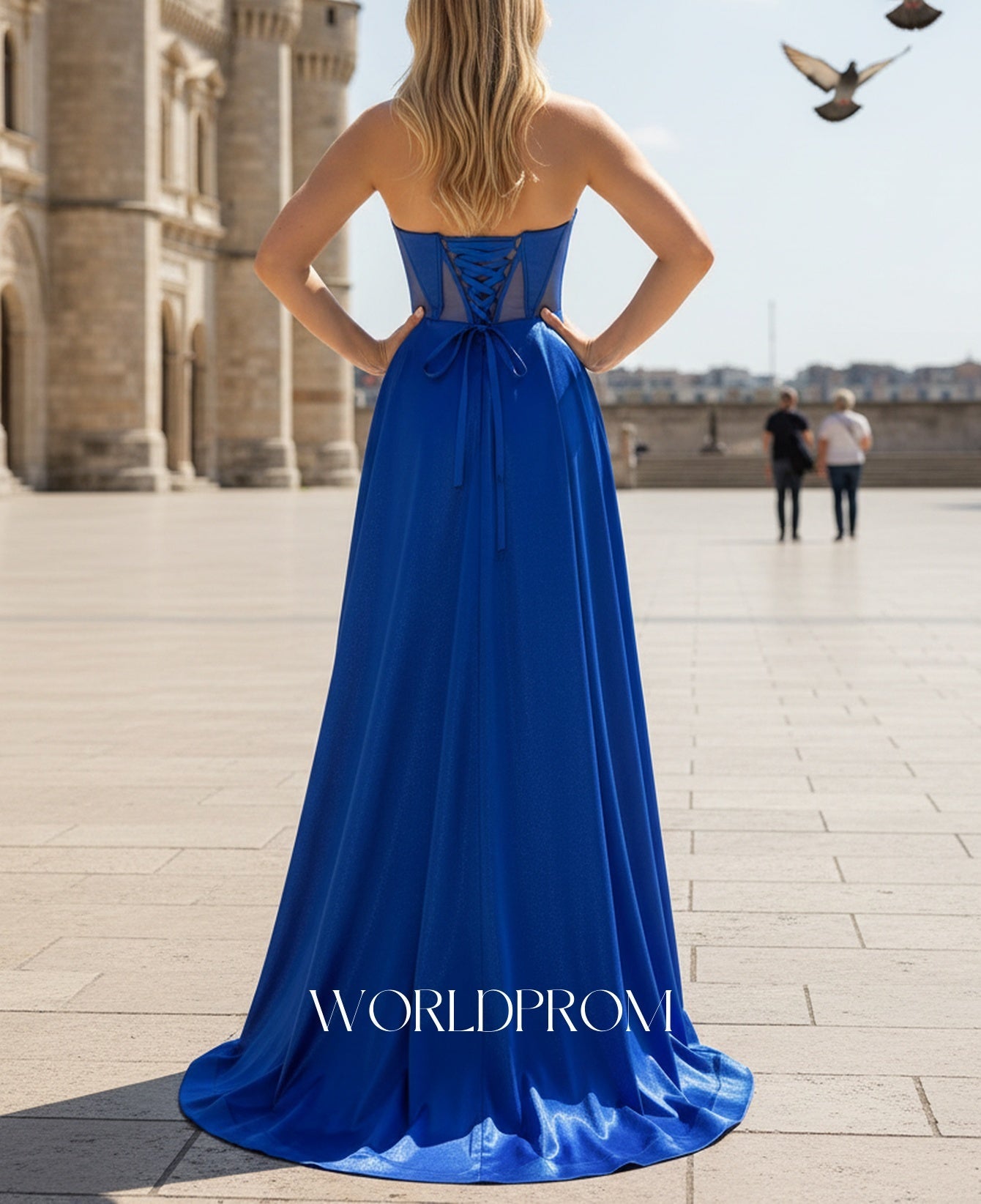 V-Neck Hot Fix Crystal Illusion Pleated A-Line Long Prom Dress - Royal Blue