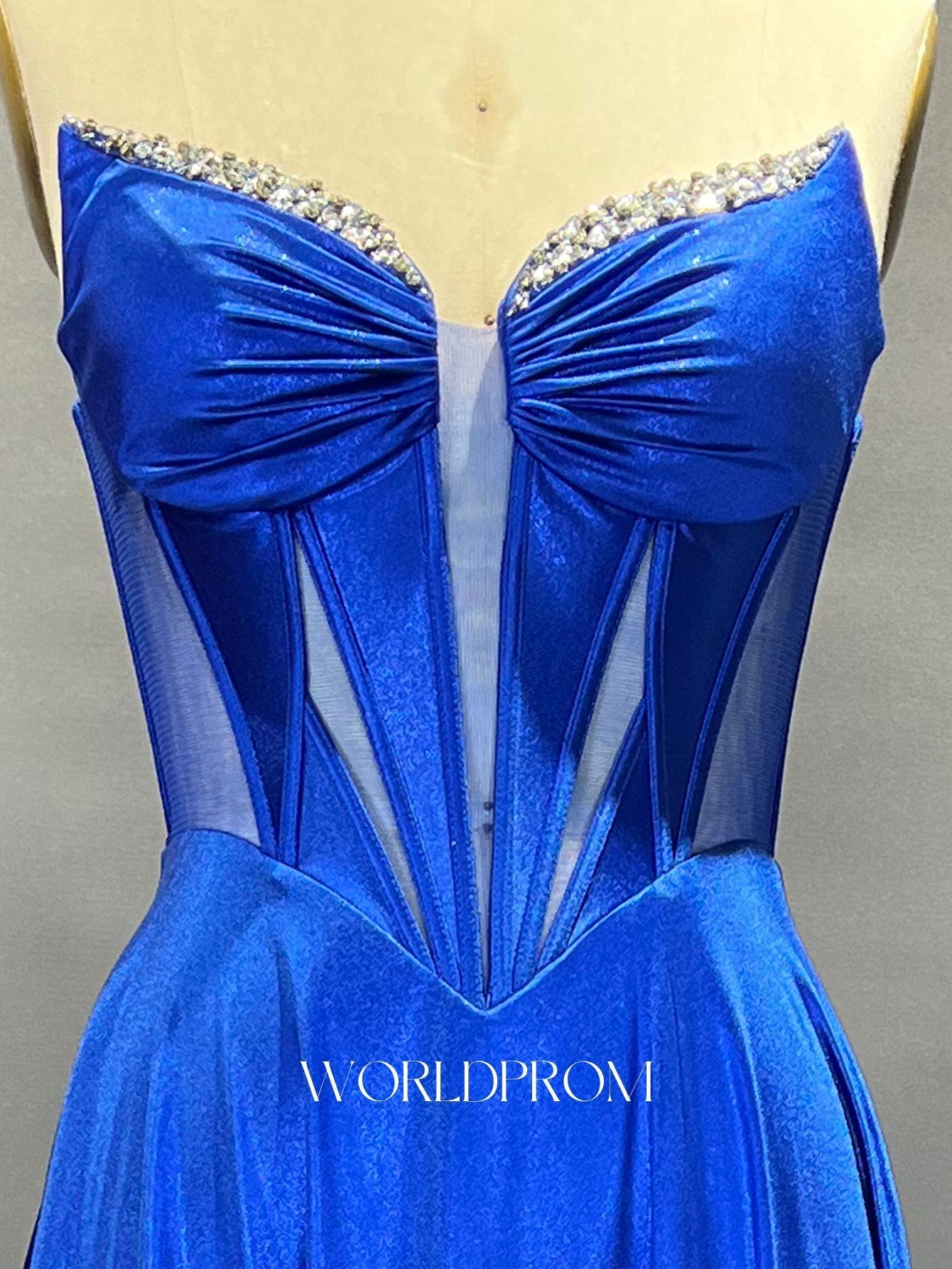 V-Neck Hot Fix Crystal Illusion Pleated A-Line Long Prom Dress - Royal Blue