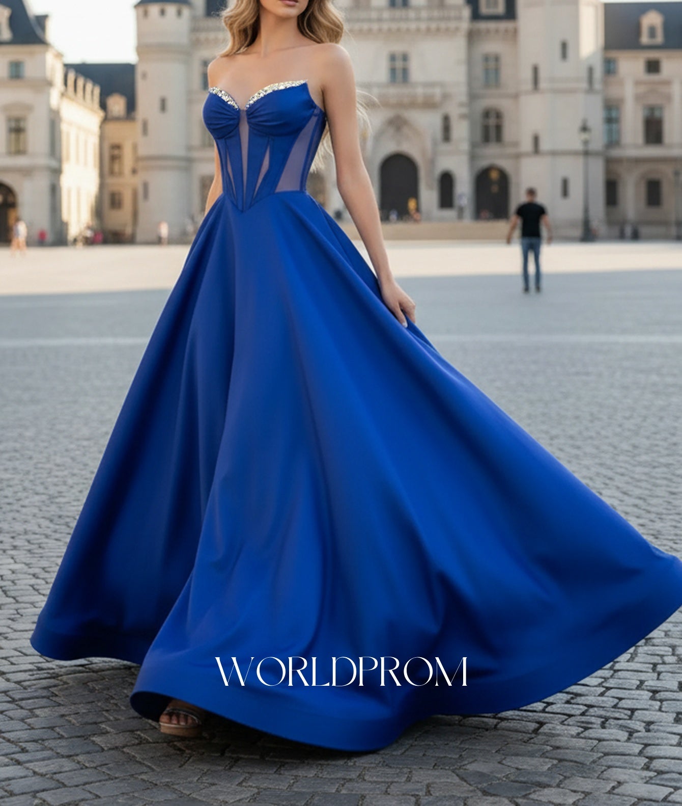 V-Neck Hot Fix Crystal Illusion Pleated A-Line Long Prom Dress - Royal Blue