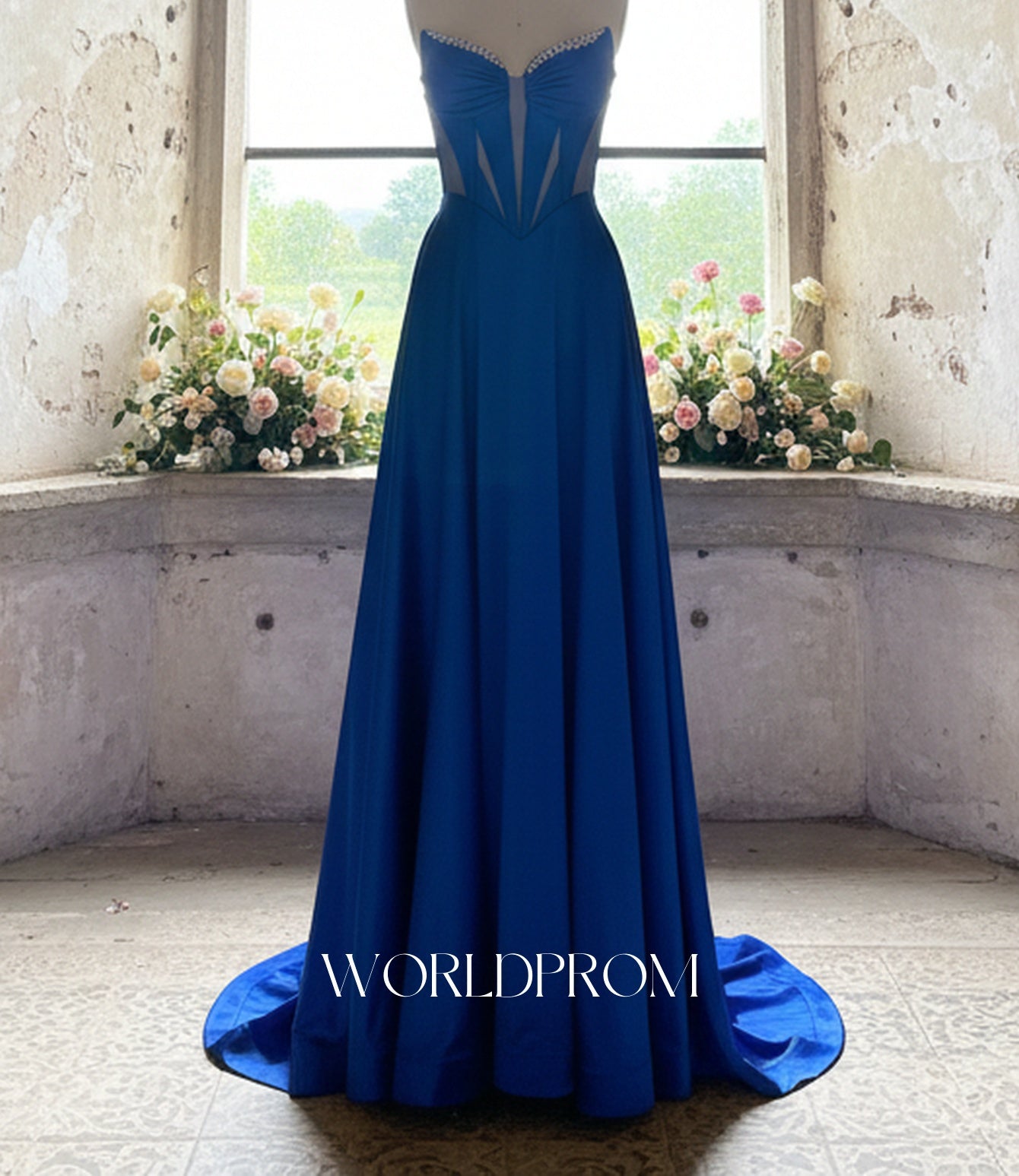 V-Neck Hot Fix Crystal Illusion Pleated A-Line Long Prom Dress - Royal Blue