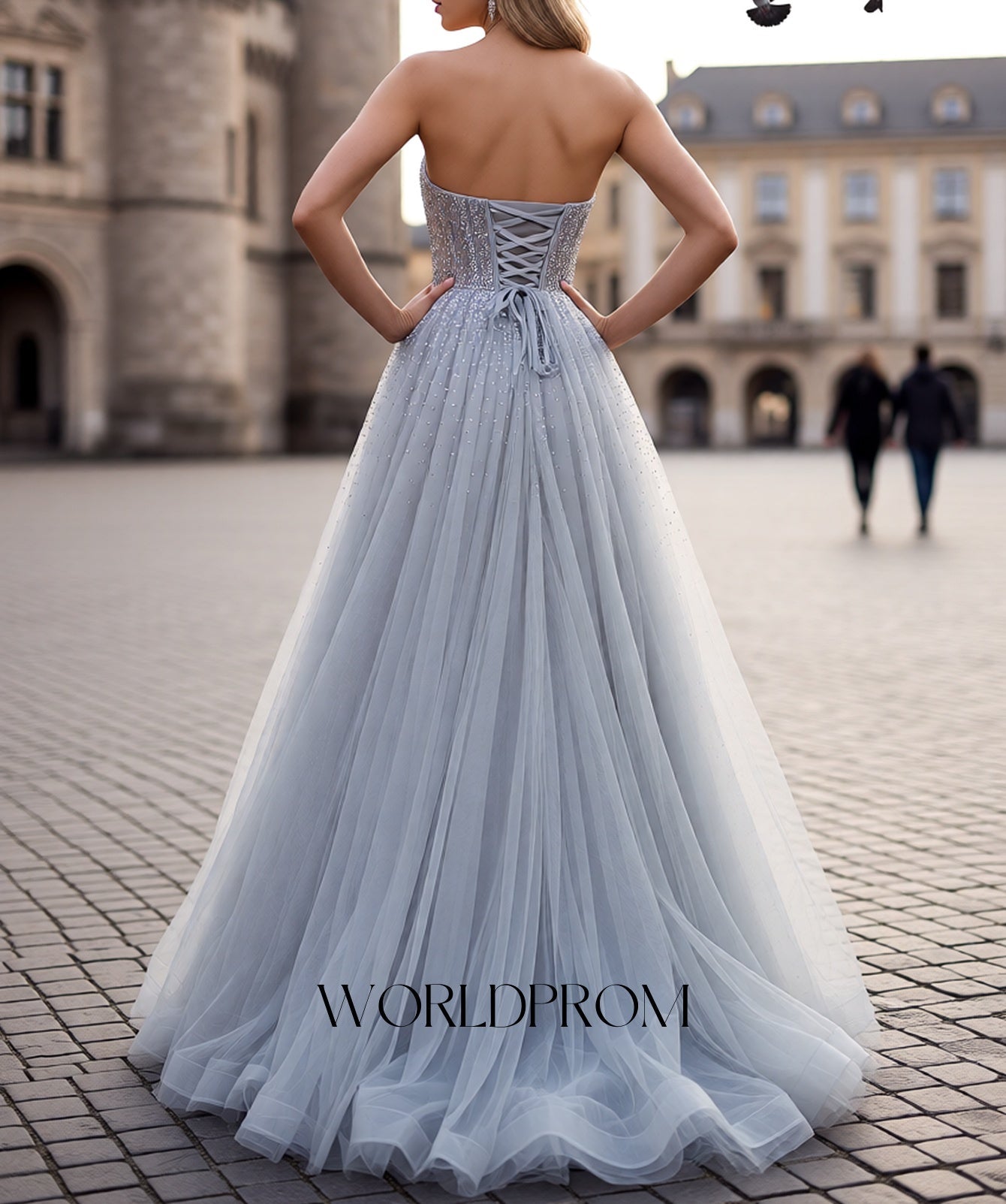 Hot Fix Crystal Bodice Pleated A-Line Long Prom Dress With Shawl - Light Grey