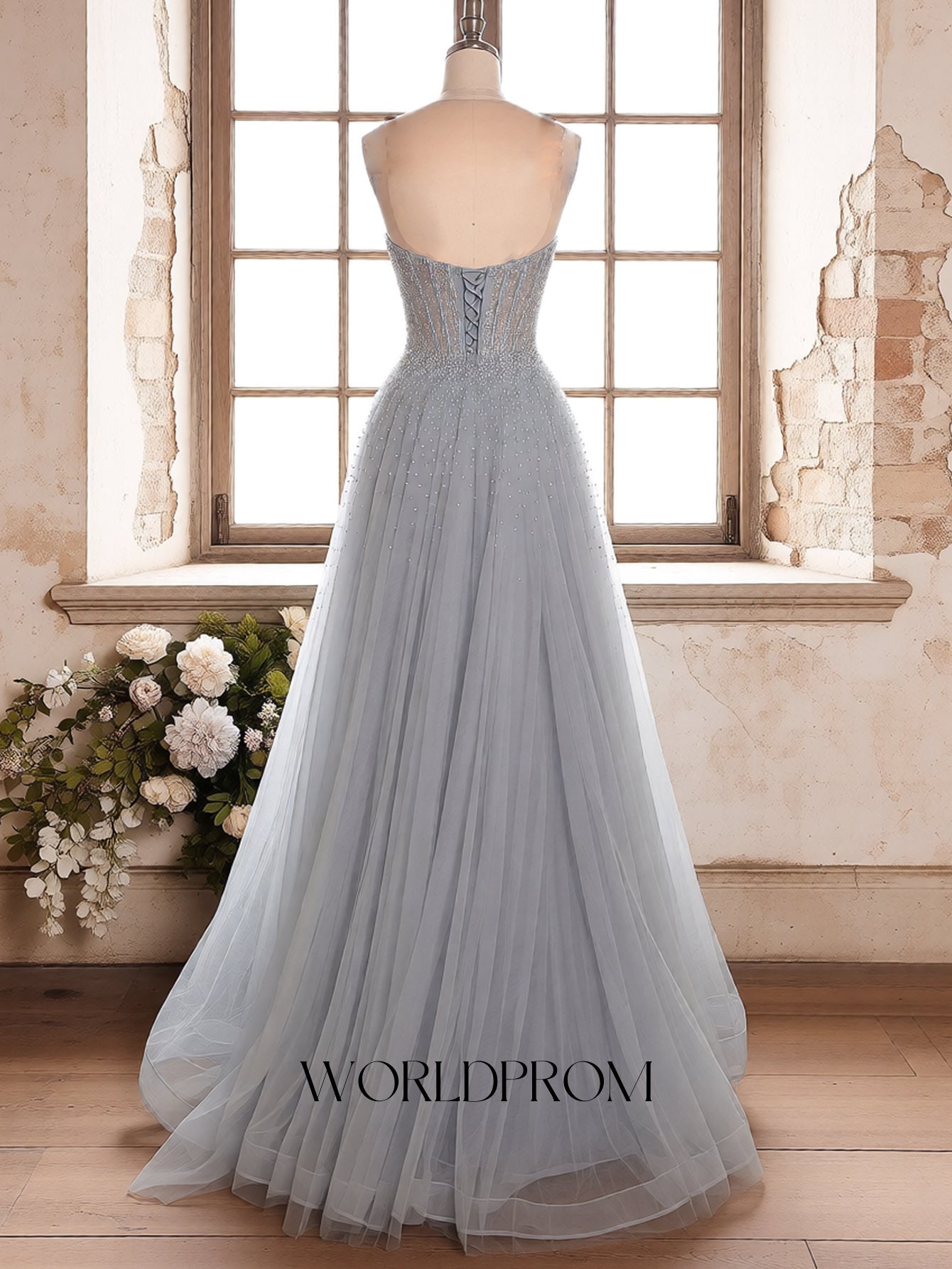 Hot Fix Crystal Bodice Pleated A-Line Long Prom Dress With Shawl - Light Grey