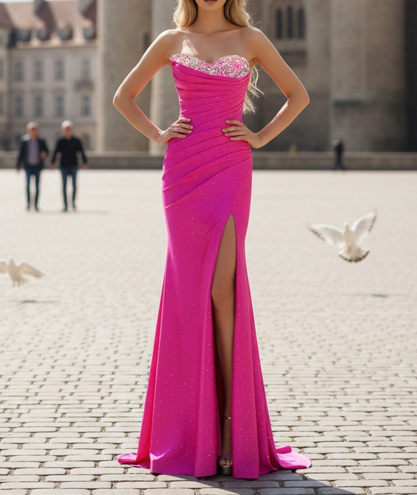 Ruched Bust Hot Fix Crystal Pleated Backless Mermaid Long Prom Dress With Slit - Hot Pink