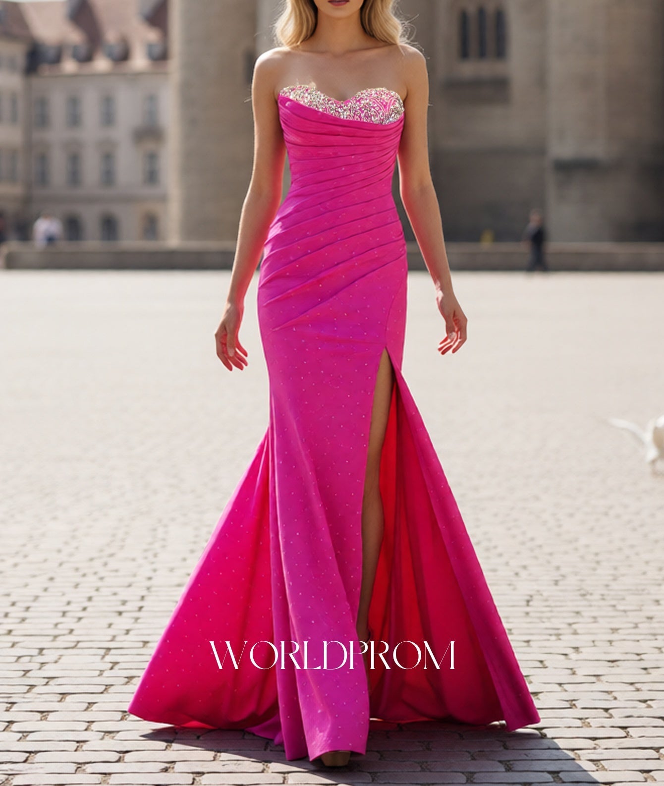 Ruched Bust Hot Fix Crystal Pleated Backless Mermaid Long Prom Dress With Slit - Hot Pink
