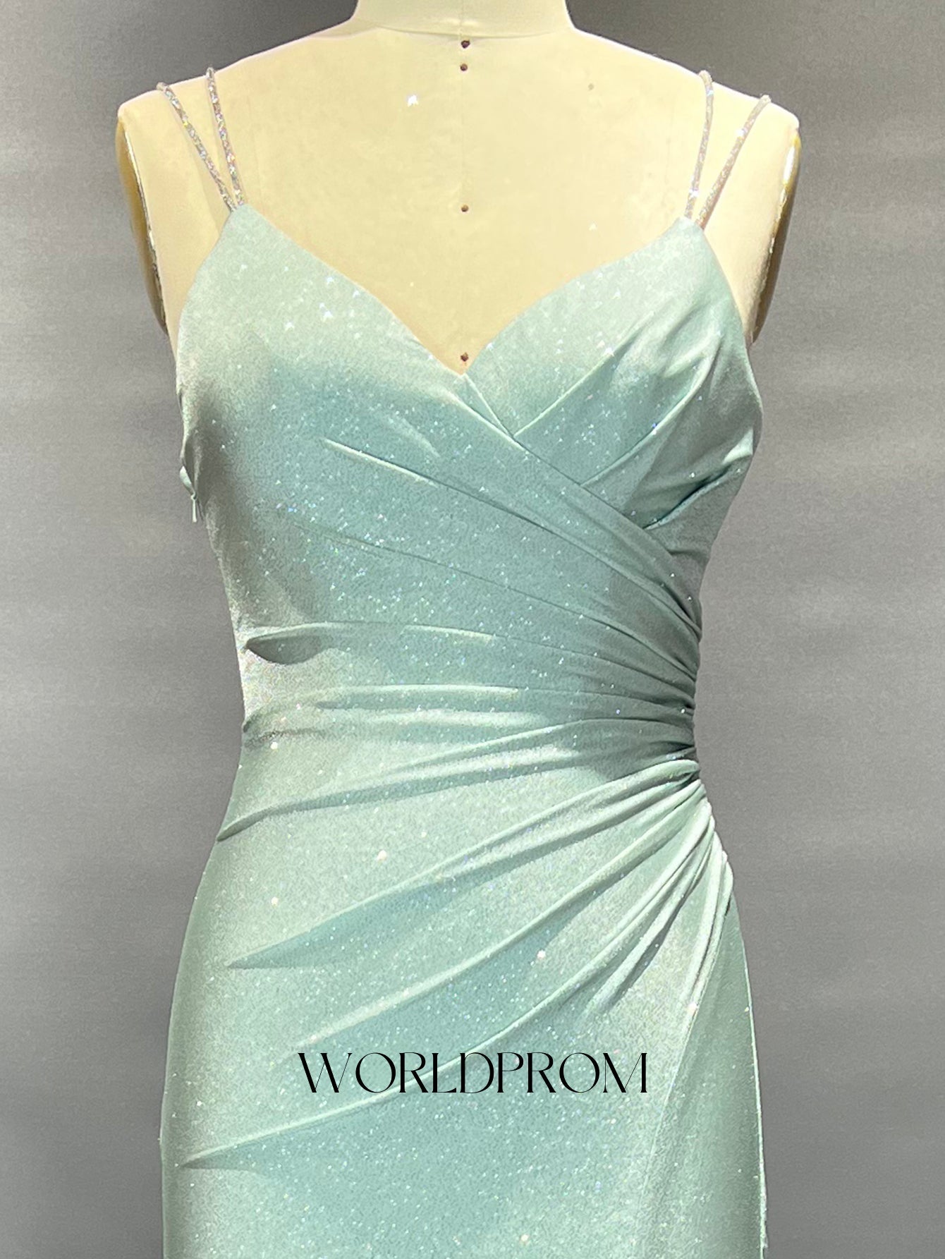Crystal Spaghetti Shoulder Straps Pleated Mermaid Long Prom Dress With Slit - Mint Green