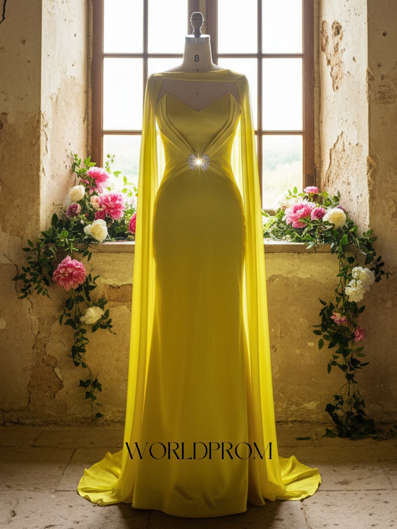 Bow Front Spaghetti Shoulder Straps Pleated Mermaid Long Prom Dress With Shawl - Yellow