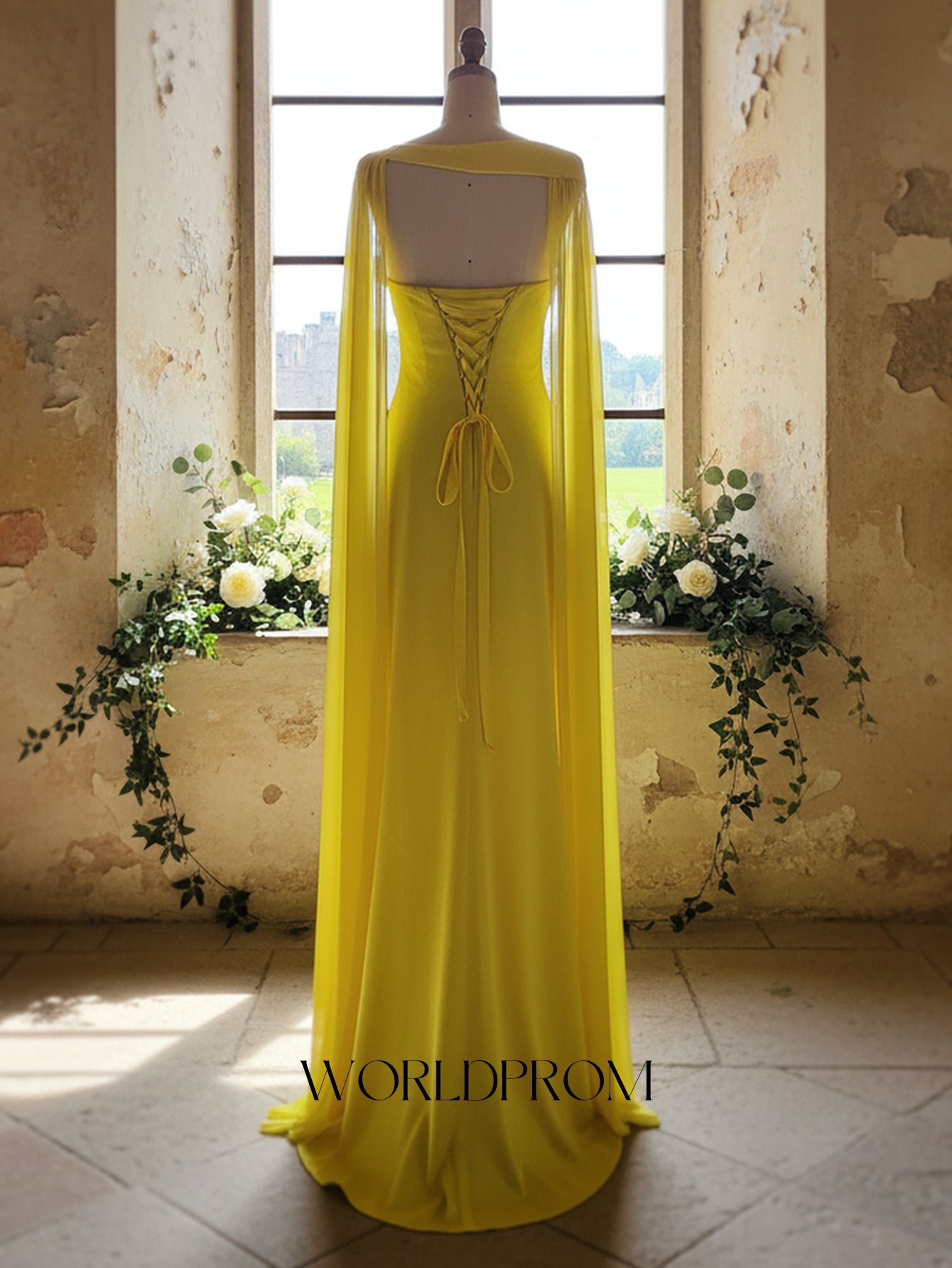 Bow Front Spaghetti Shoulder Straps Pleated Mermaid Long Prom Dress With Shawl - Yellow