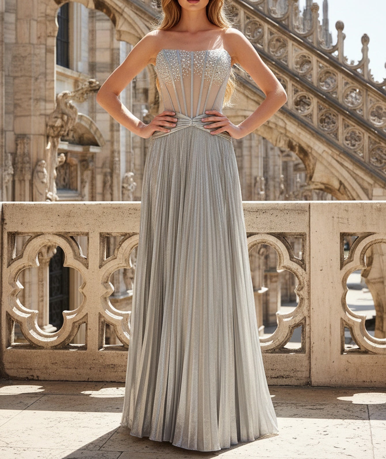 Hot Fix Crystal Illusion Pleated Bodice A-Line Long Prom Dress - Silver