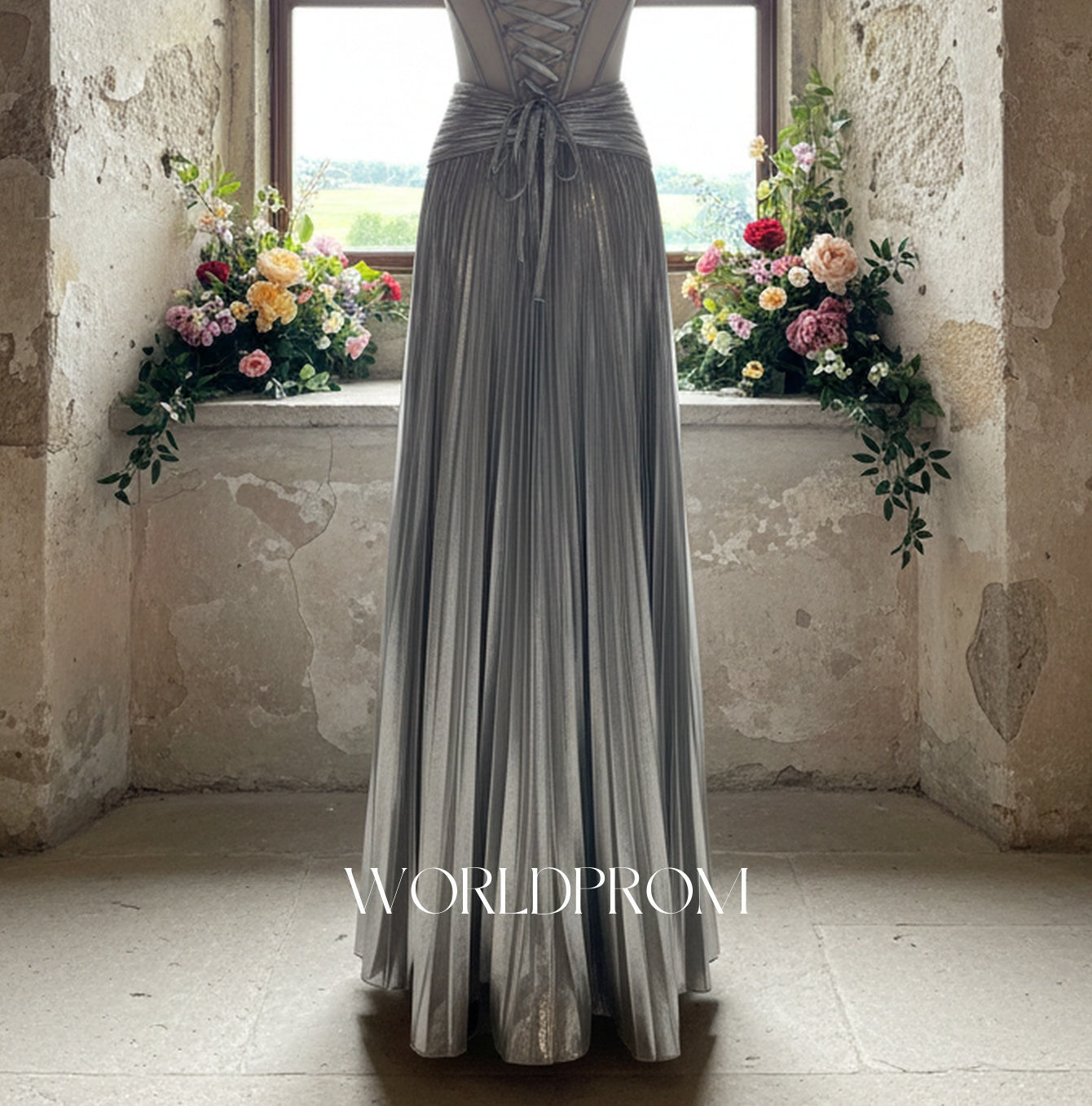 Hot Fix Crystal Illusion Pleated Bodice A-Line Long Prom Dress - Silver