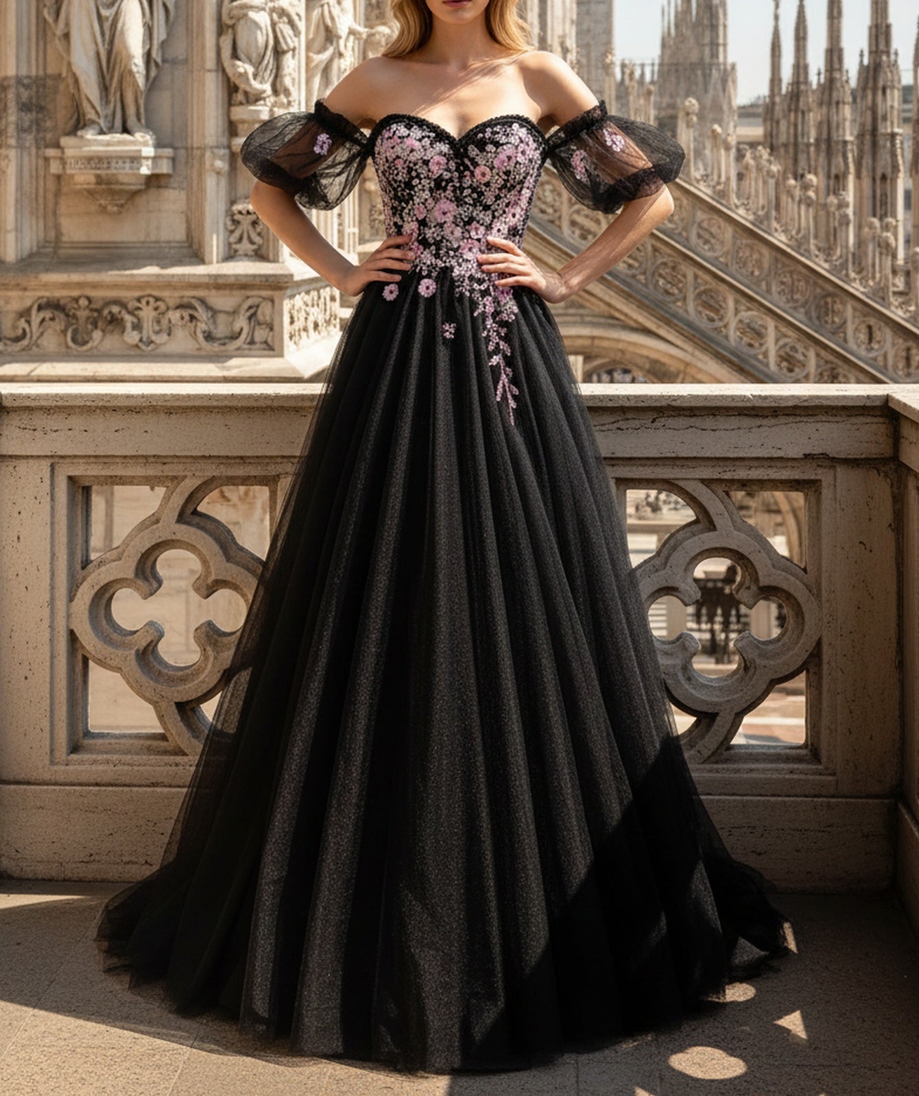 Off Shoulder Sparkly Beading Bodice A-Line Long Prom Dress - Black