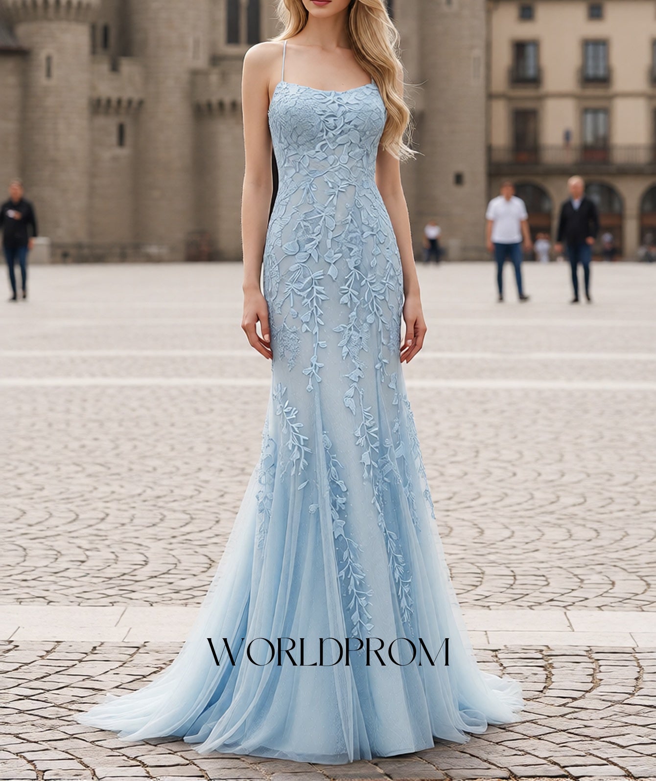 Spaghetti Shoulder Straps Lace Floral Mermaid Backless Long Prom Dress - Sky Blue