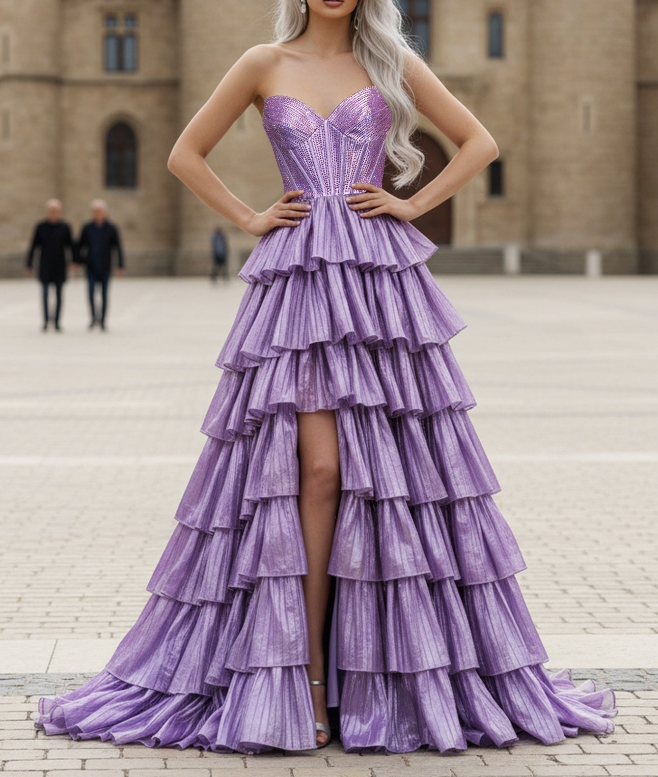 Hot Fix Crystal Pleated Layered Ruffle Hem Long Ball Gown Prom Dress With Slit - Purple