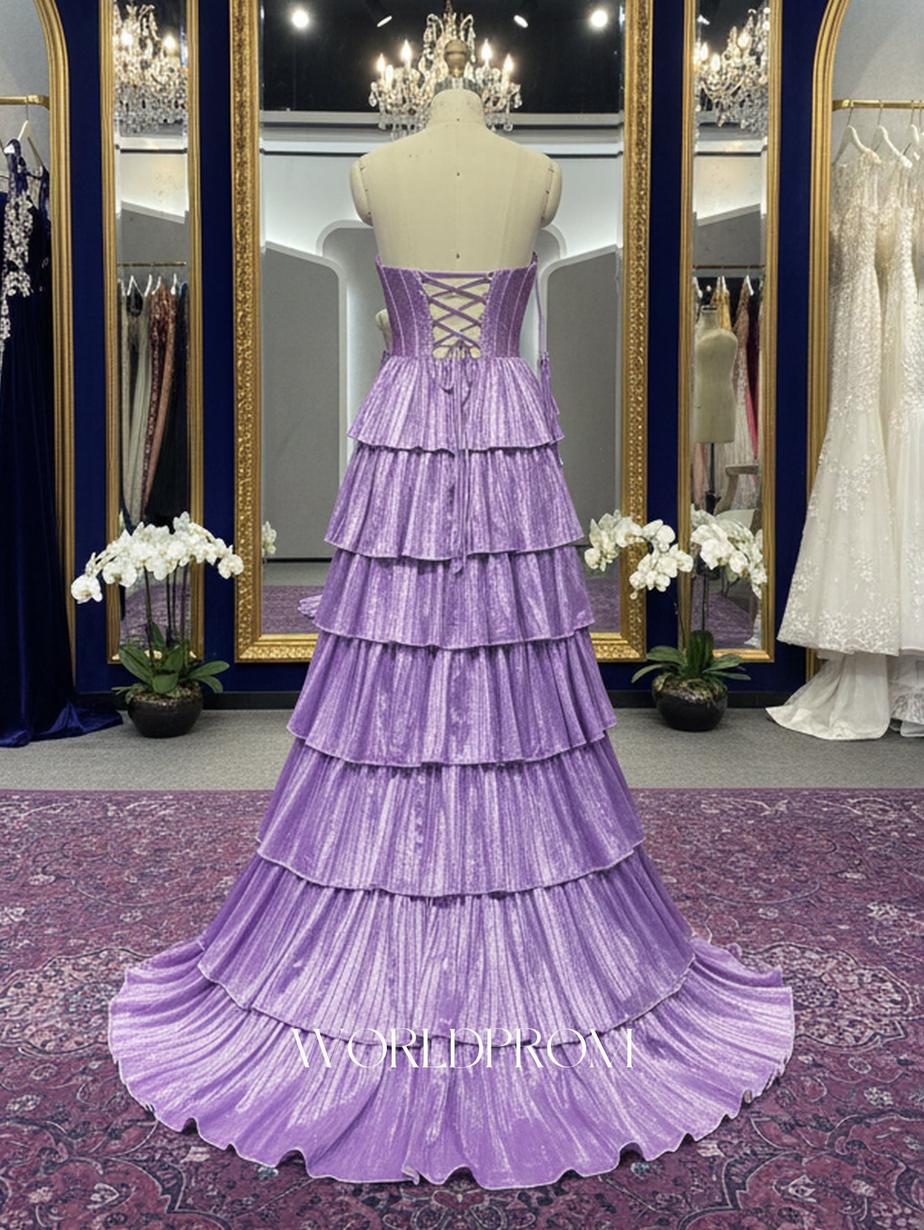 Hot Fix Crystal Pleated Layered Ruffle Hem Long Ball Gown Prom Dress With Slit - Purple