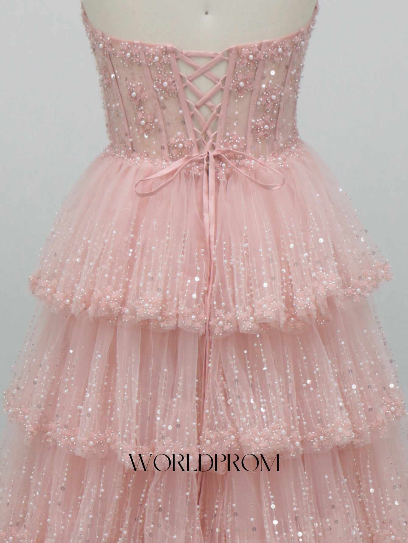 Sweetheart Sparkly Beading Illusion Layered Ruffle Hem Long Prom Dress With Slit - Light Pink