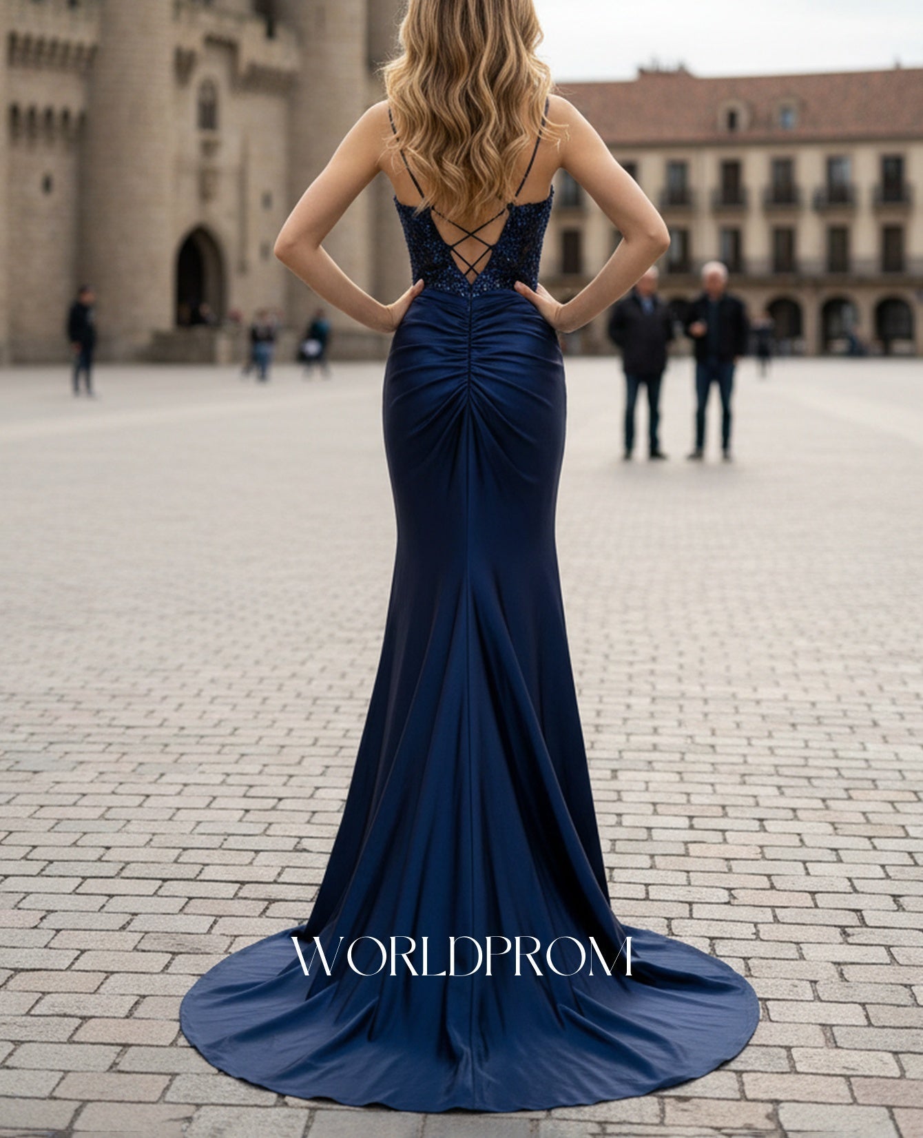 Sparkly Beading Spaghetti Shoulder Straps Twist Bodice Mermaid Long Prom Dress With Slit - Navy Blue