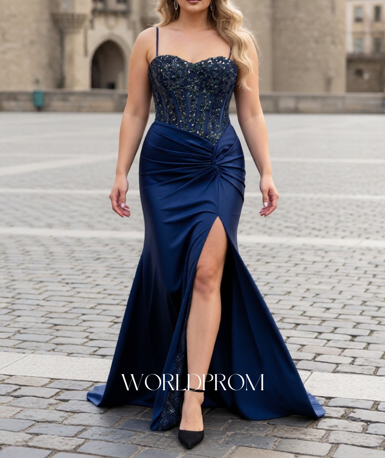 Sparkly Beading Spaghetti Shoulder Straps Twist Bodice Mermaid Long Prom Dress With Slit - Navy Blue