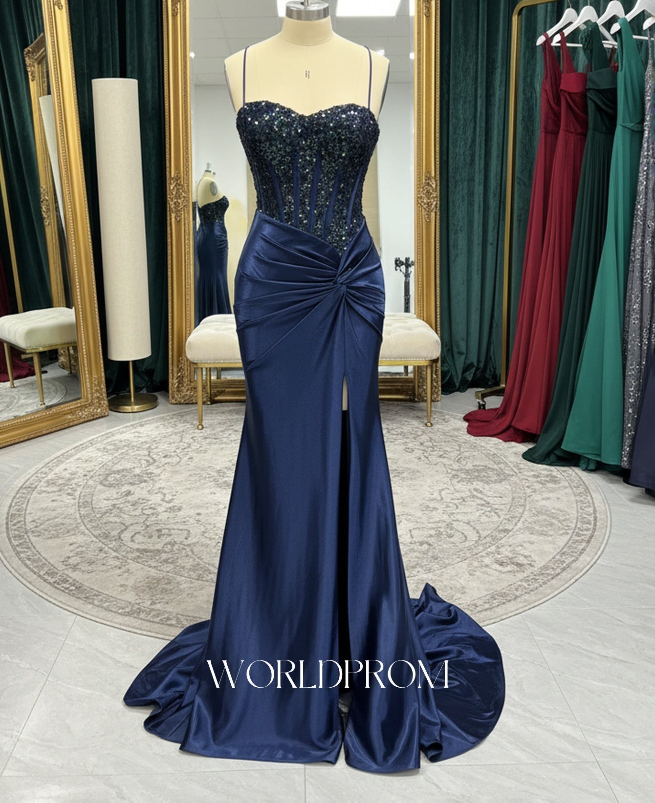 Sparkly Beading Spaghetti Shoulder Straps Twist Bodice Mermaid Long Prom Dress With Slit - Navy Blue