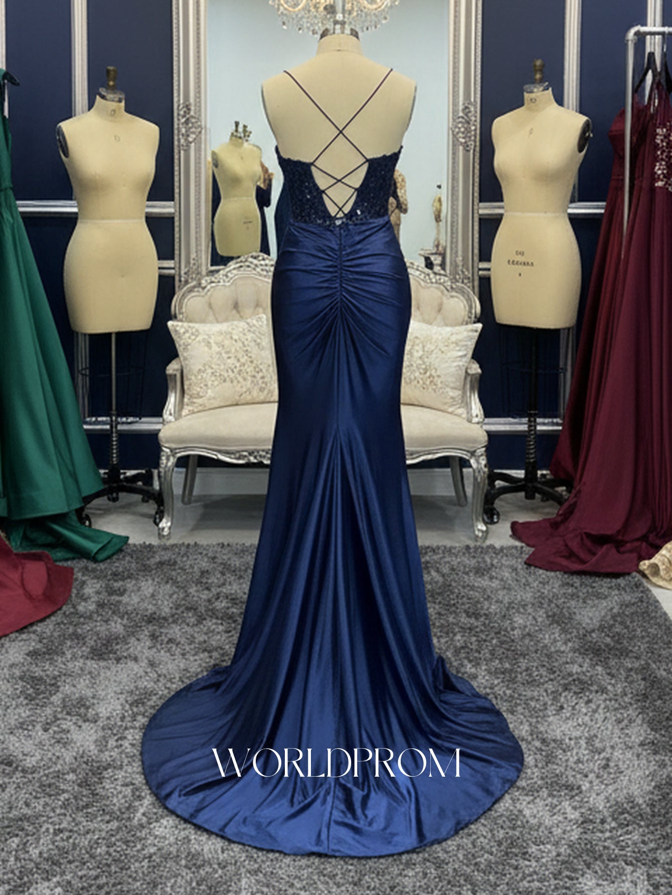 Sparkly Beading Spaghetti Shoulder Straps Twist Bodice Mermaid Long Prom Dress With Slit - Navy Blue