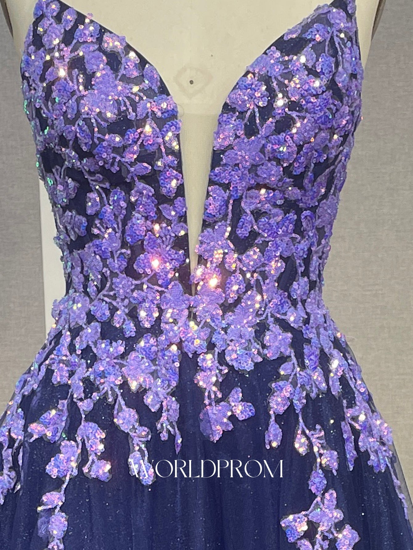 Sparkly Beading Floral Illusion Spaghetti Shoulder Straps A-Line Long Prom Dress - Grape