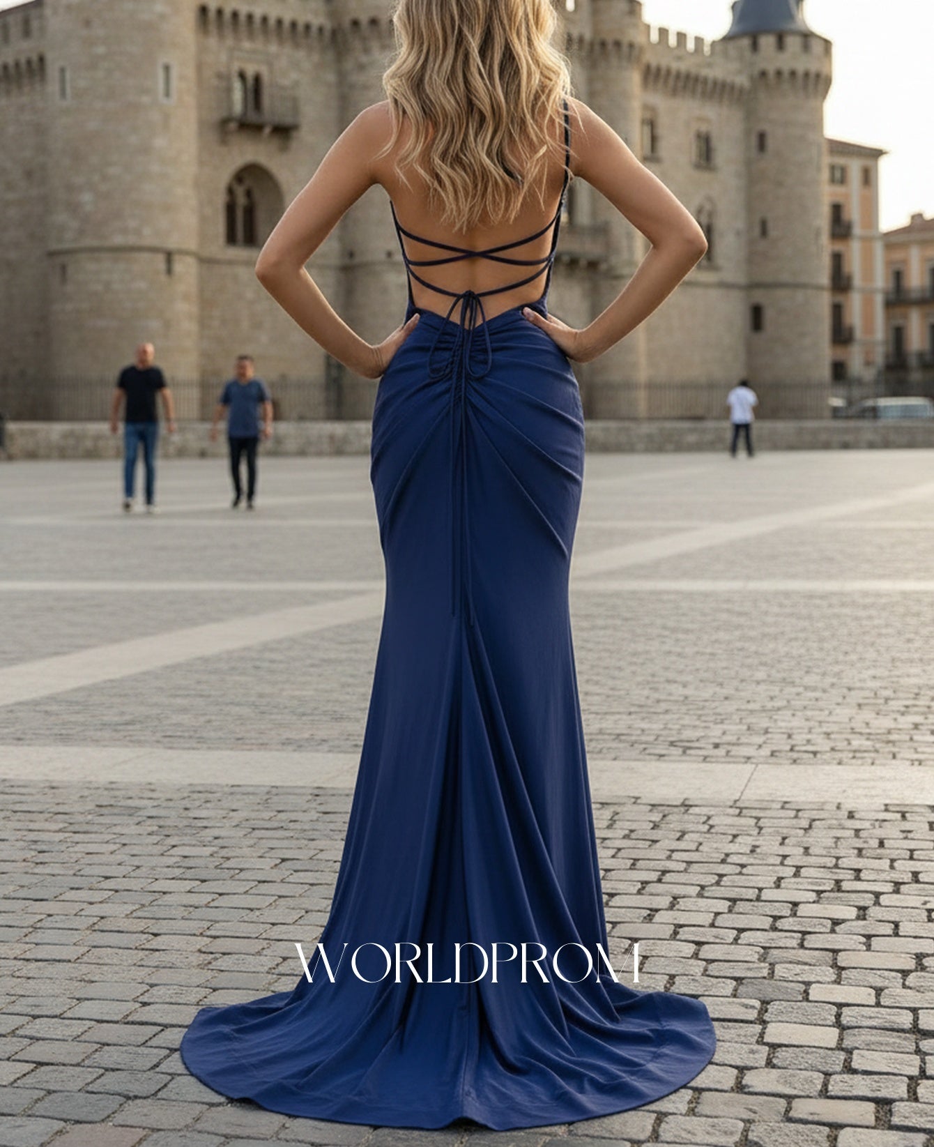 Hot Fix Crystal Ruched Bust Spaghetti Shoulder Straps Mermaid Long Prom Dress With Slit - Royal Blue