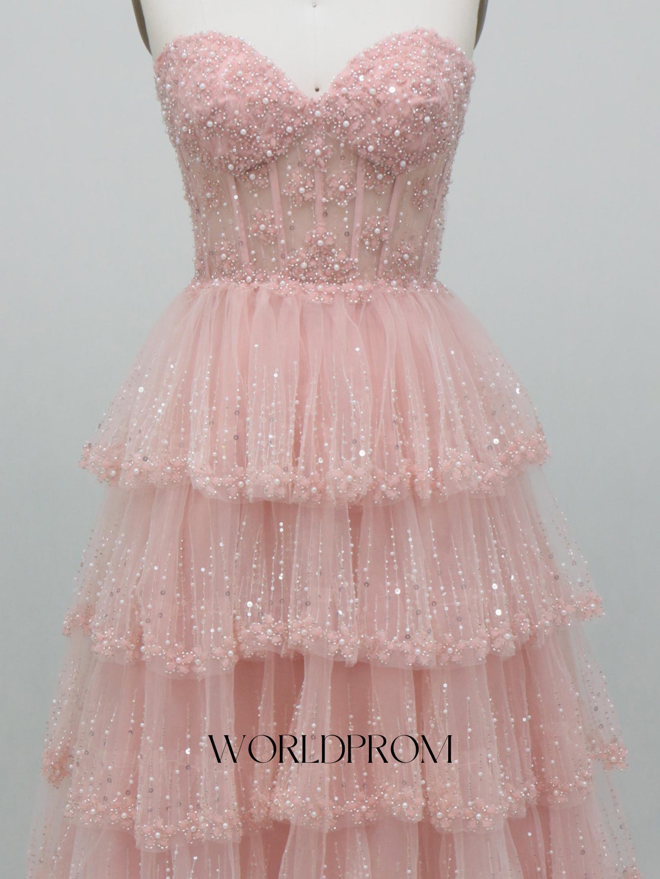 Sweetheart Sparkly Beading Illusion Layered Ruffle Hem Long Prom Dress - Light Pink