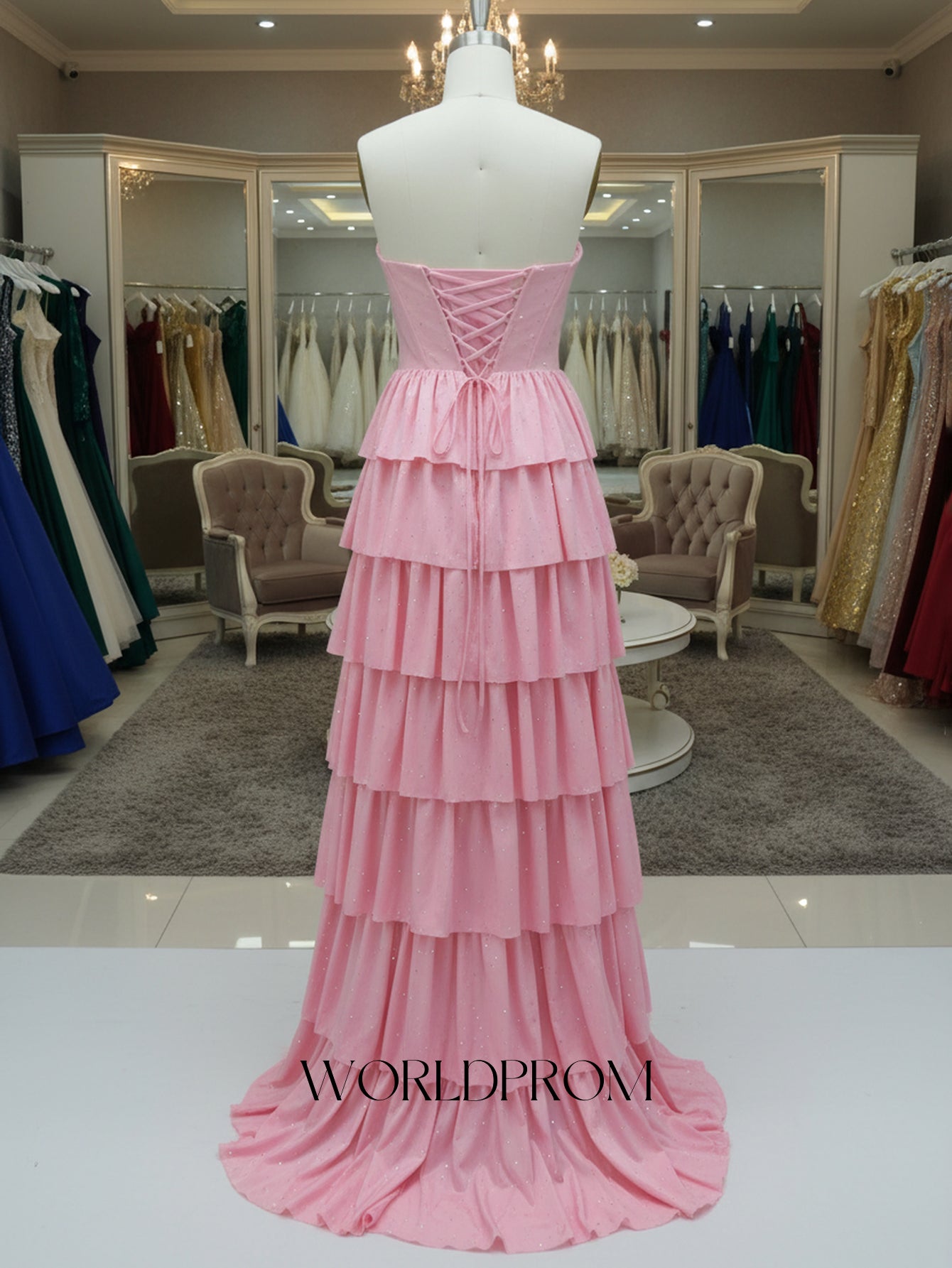 Ruched Bust Cut Front Hot Fix Crystal Layered Ruffle Hem Long Prom Dress With Slit - Pink