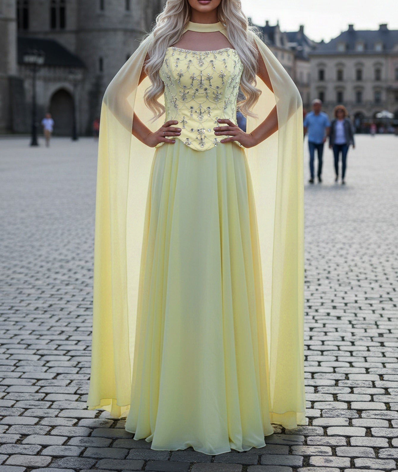 Sparkly Beading Spaghetti Shoulder Straps A-Line Long Prom Dress With Shawl - Goose Yellow