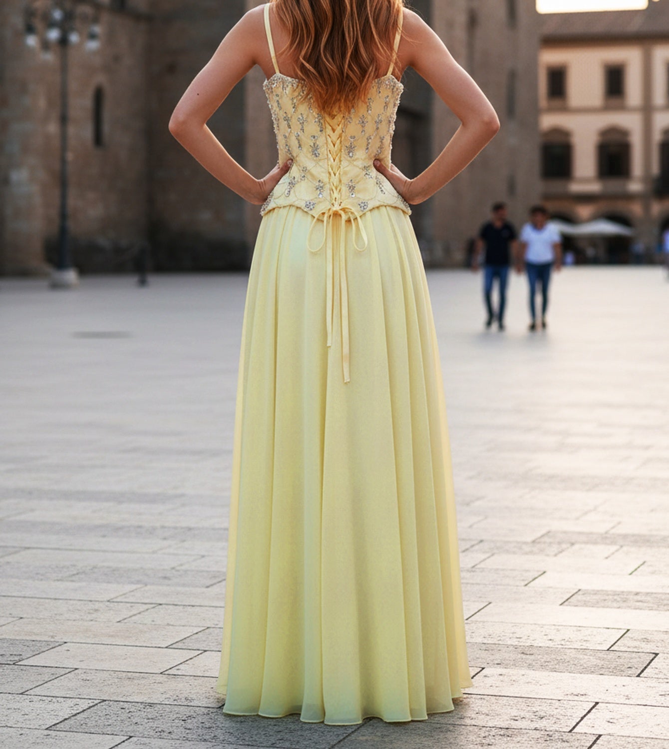 Sparkly Beading Spaghetti Shoulder Straps A-Line Long Prom Dress With Shawl - Goose Yellow