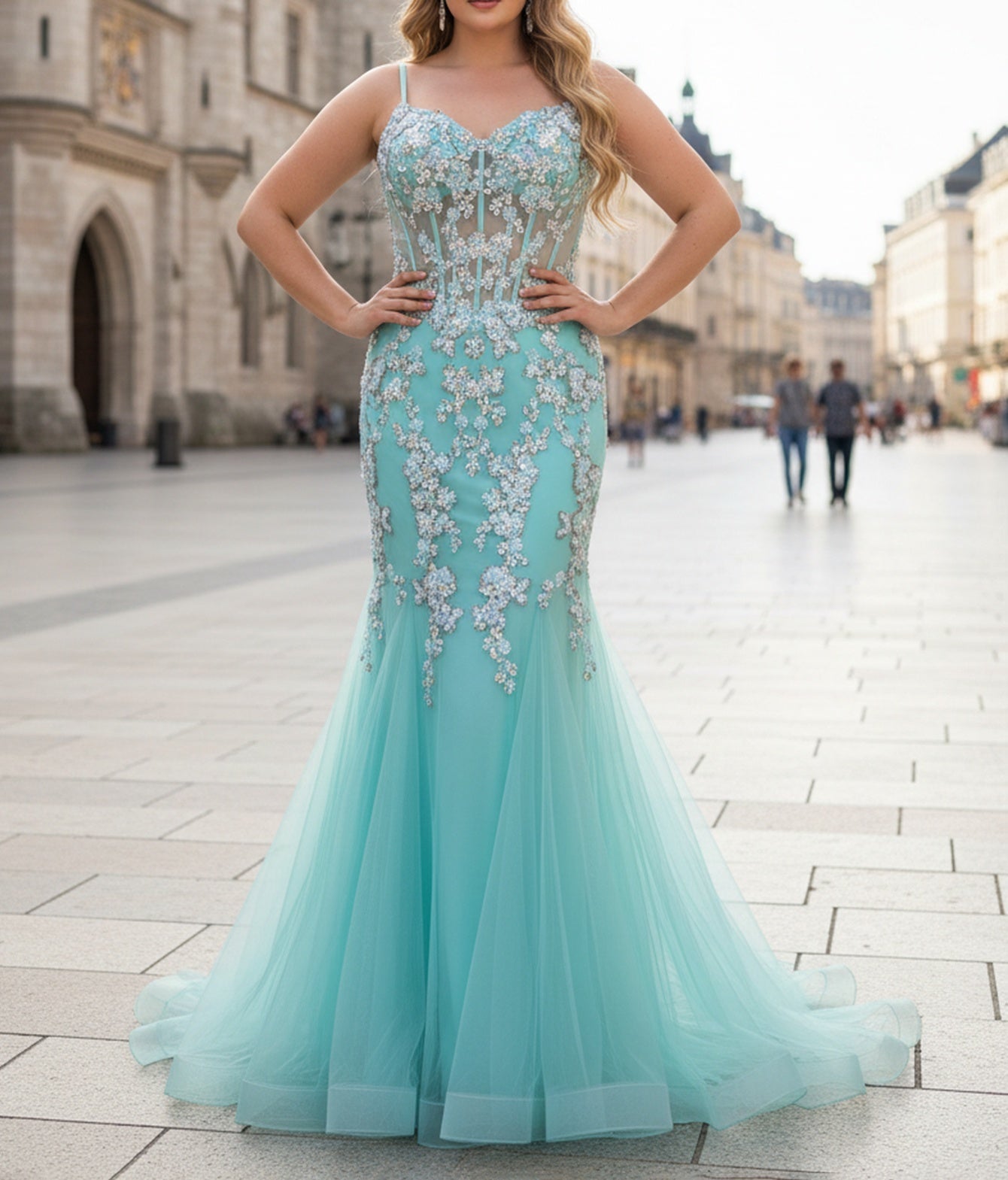 Sparkly Beading Spaghetti Shoulder Straps Floral Mermaid Long Prom Dress - Turquoise
