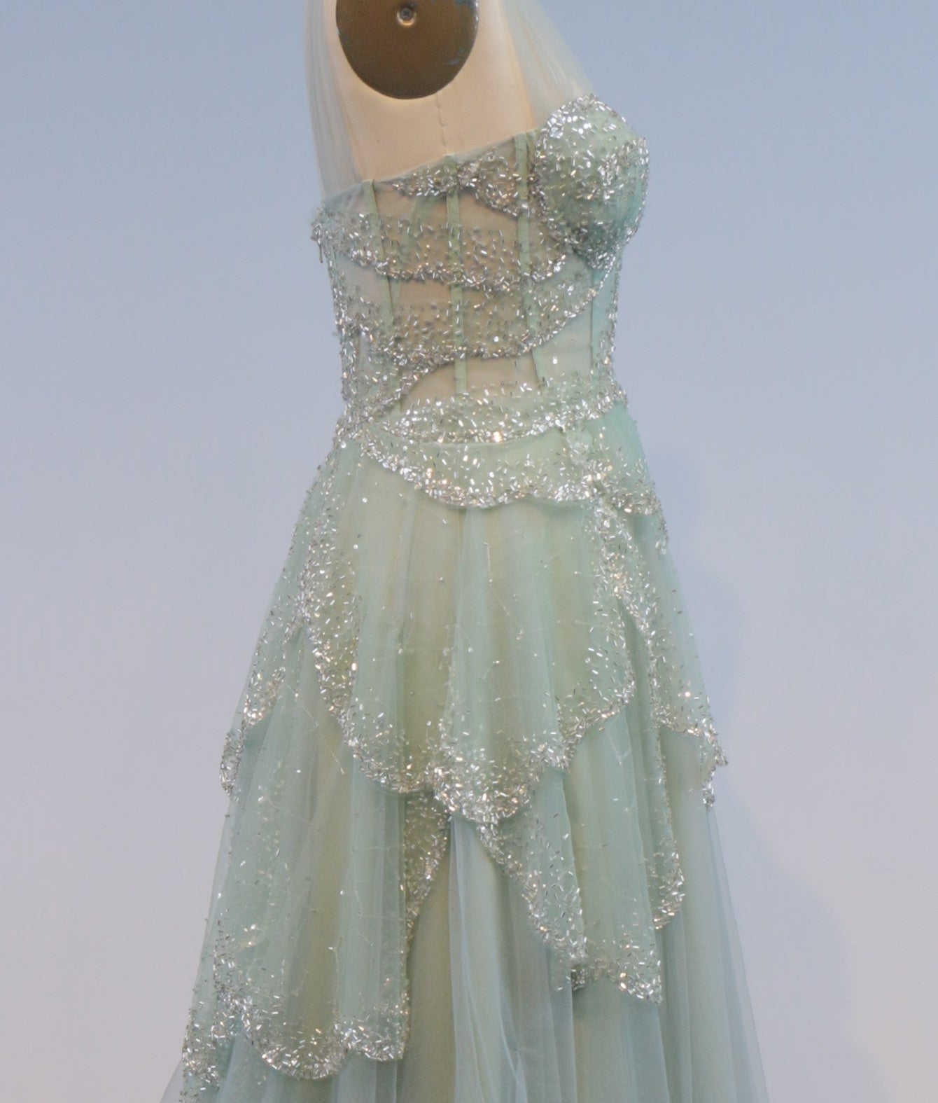 Tank Sparkly Beading Corset A-Line Long Prom Dress - Mint Green