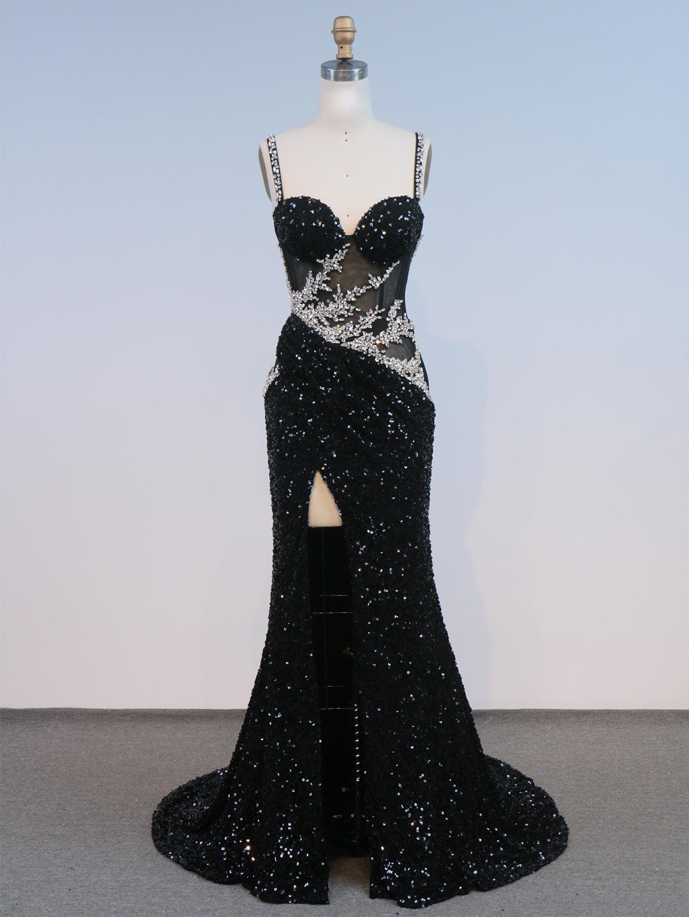 Rhinestone Spaghetti Straps Sparkly Illusion Mermaid Long Prom Dress With Slit - Black