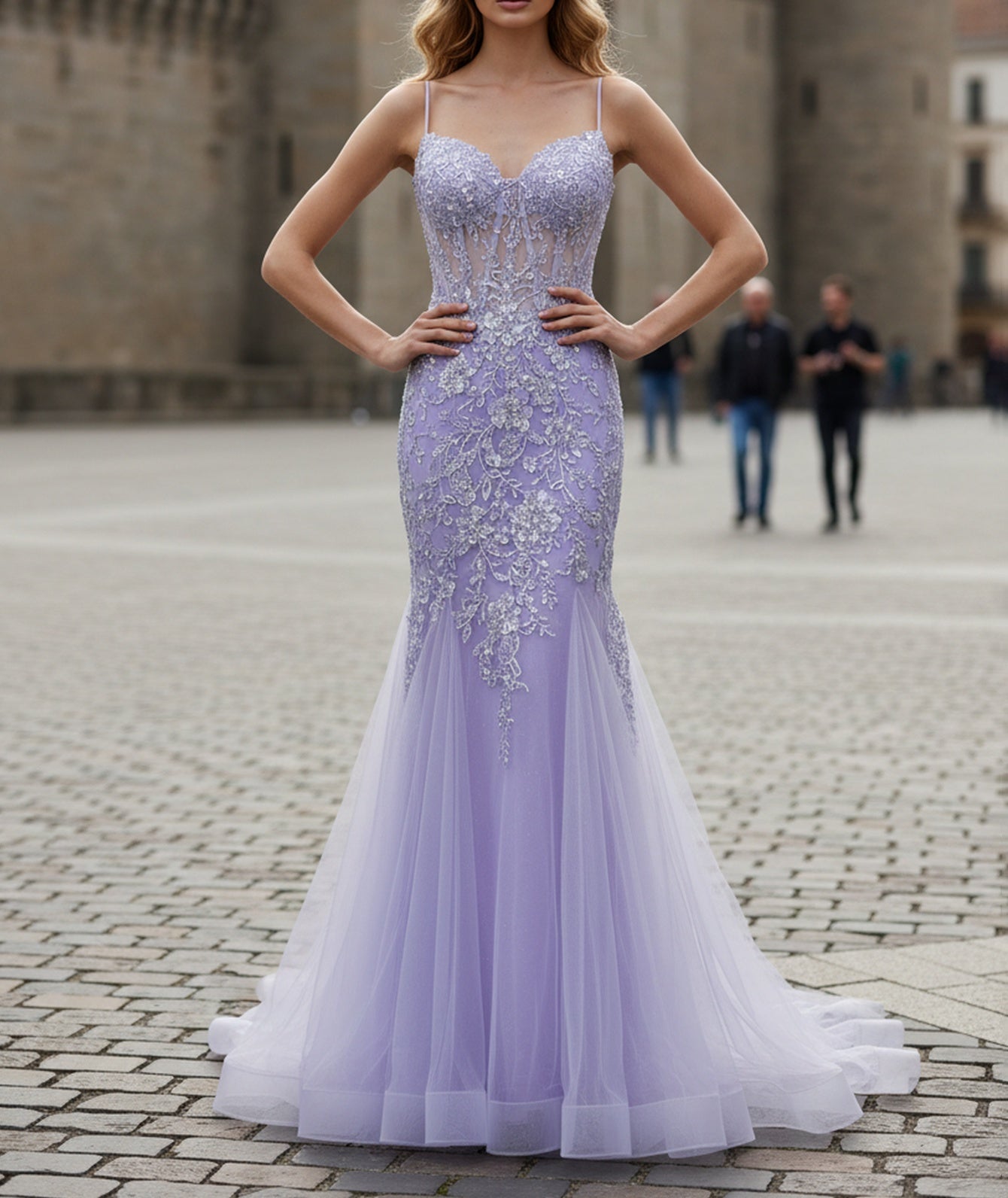 Sparkly Beading Spaghetti Shoulder Straps Lace Illusion Mermaid Long Prom Dress - Lavender