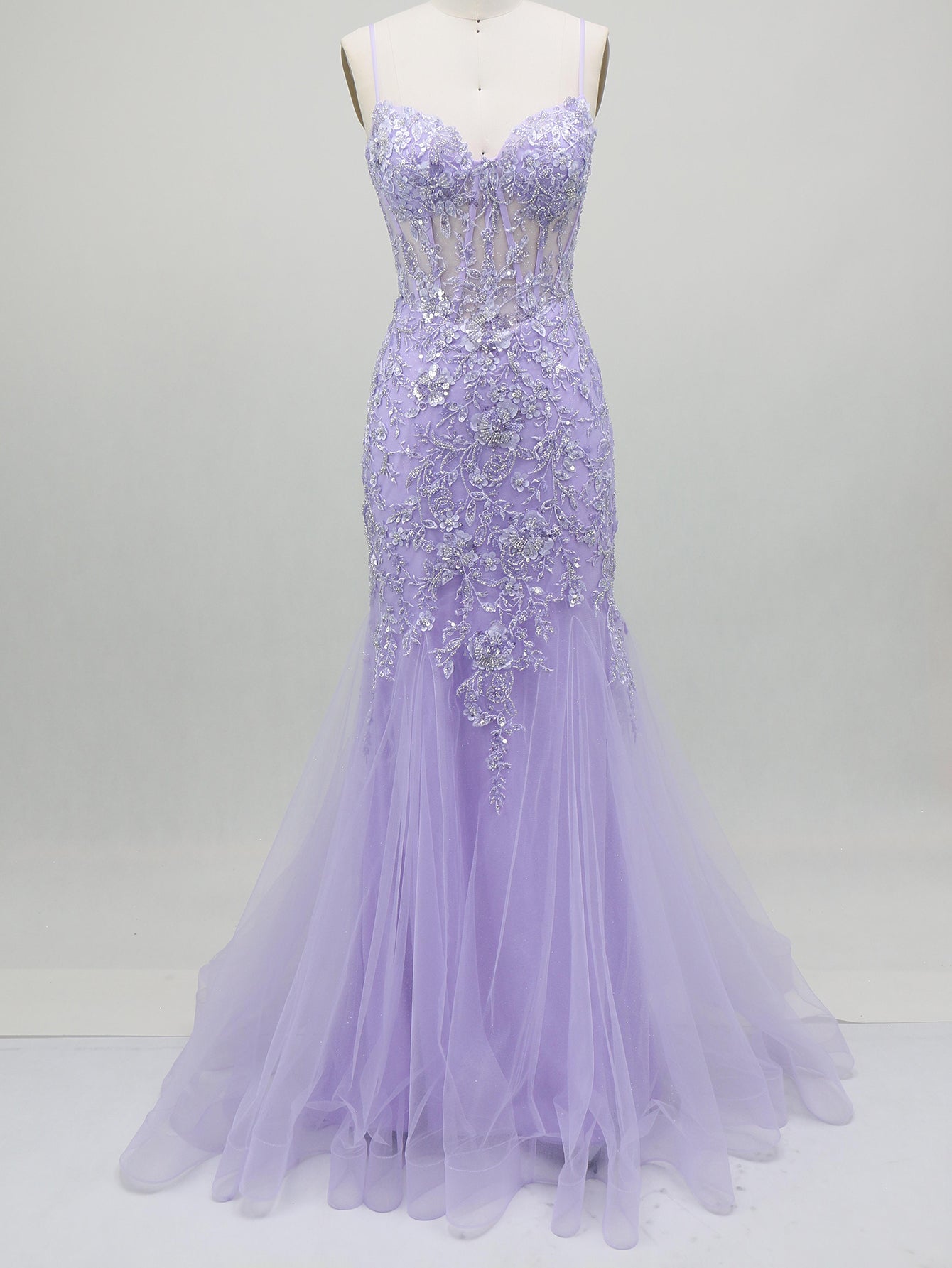 Sparkly Beading Spaghetti Shoulder Straps Lace Illusion Mermaid Long Prom Dress - Lavender