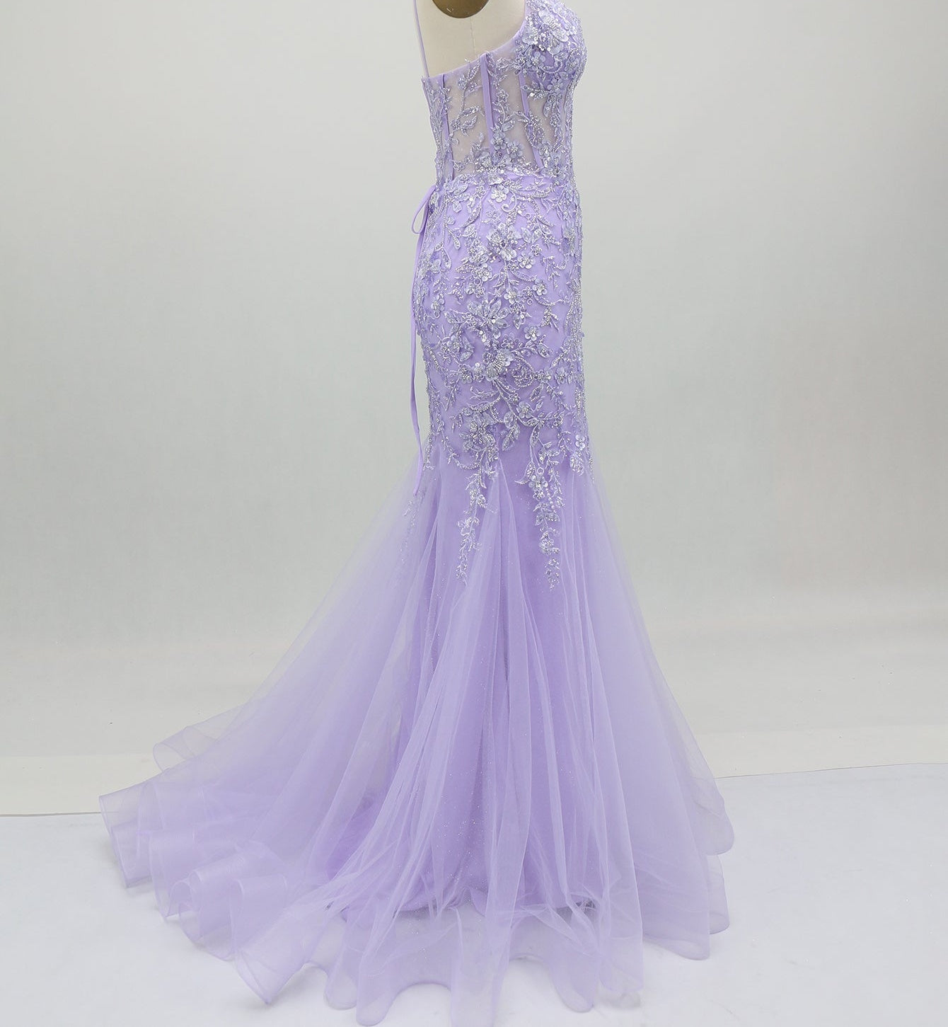 Sparkly Beading Spaghetti Shoulder Straps Lace Illusion Mermaid Long Prom Dress - Lavender