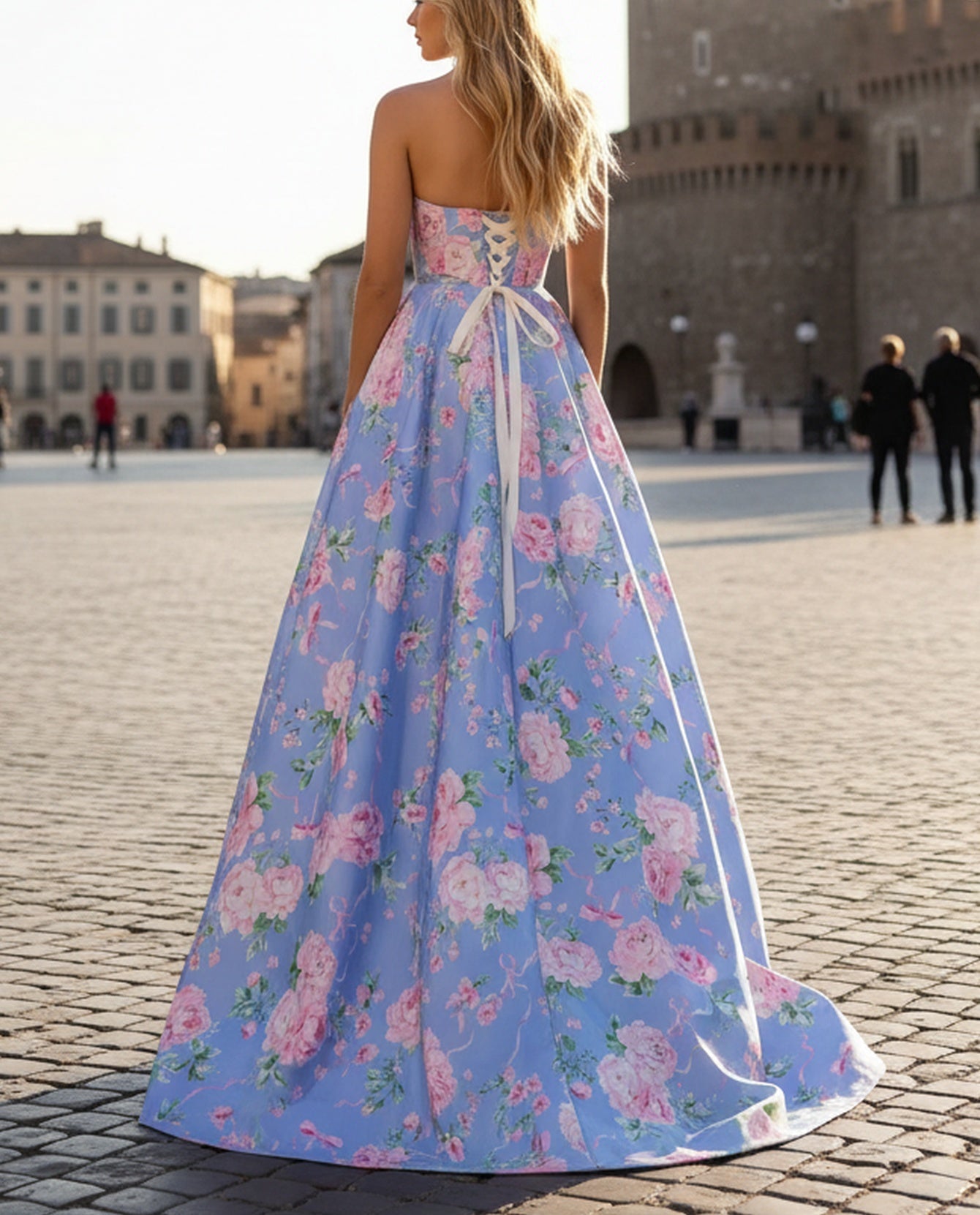 Strapless Floral Corset Lace Up A-Line Long Prom Dress With Pockets - Blue Floral