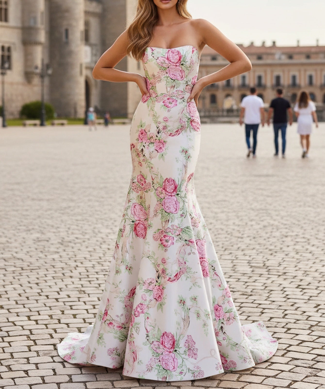 Strapless Corset Lace Up Floral Backless Mermaid Long Prom Dress - Pink Floral