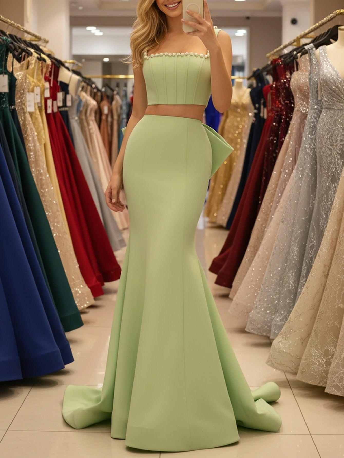 Big Bow Back Tank Two Pieces Pearls Like Mermaid Long Prom Dress - Mint Green