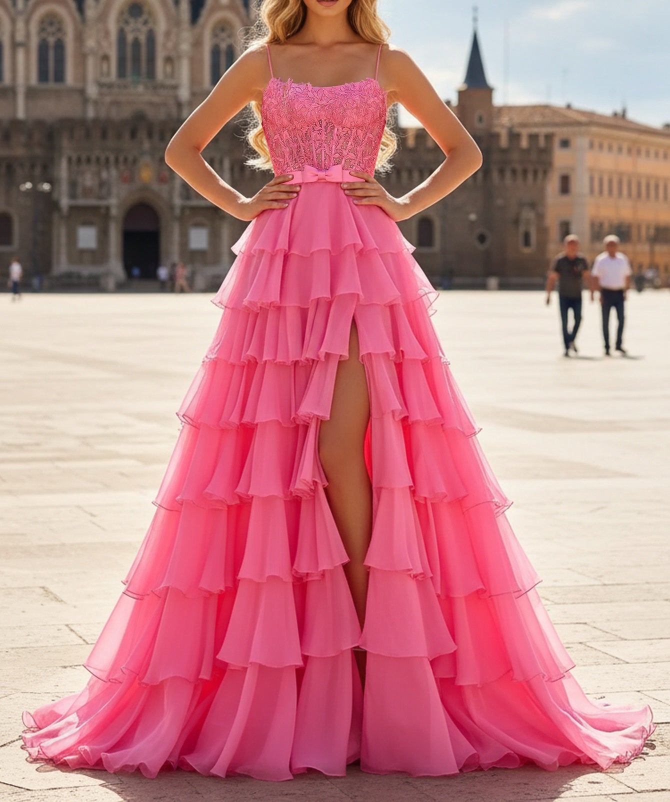 Sparkly Beading Bow Lace Illusion Layered Ruffles A-Line Long Prom Dress - Hot Pink