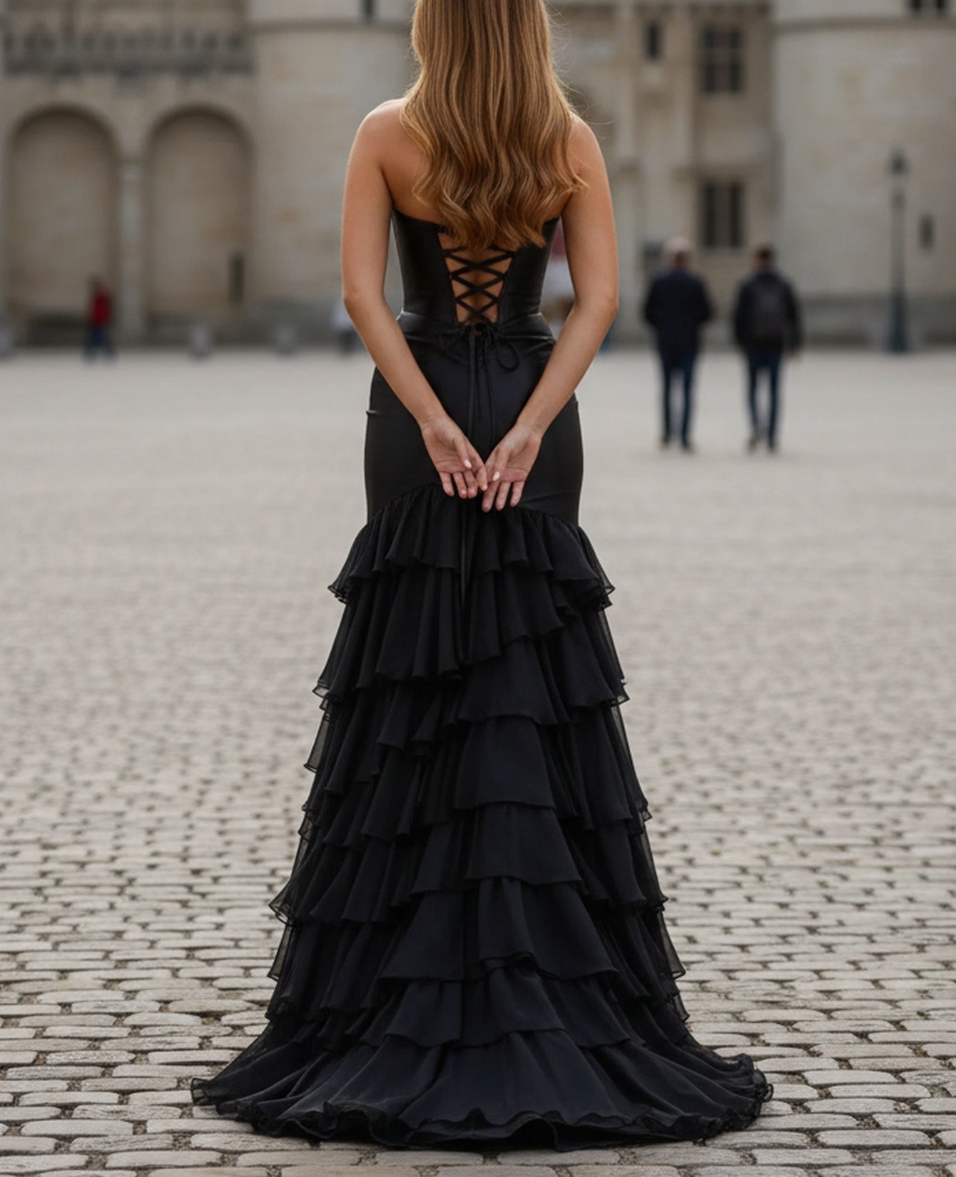 Sweetheart Cut Front Layered Ruffles Corset Mermaid Long Prom Dress - Black