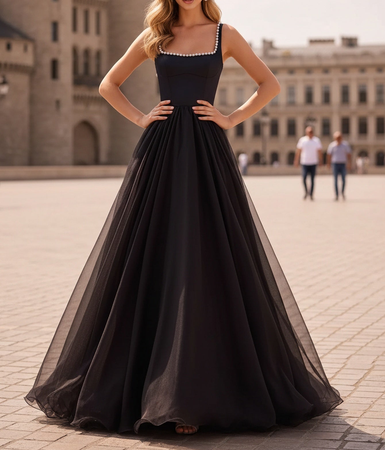 Tank Square Beading Corset Lace Up Chiffon A-Line Long Prom Dress