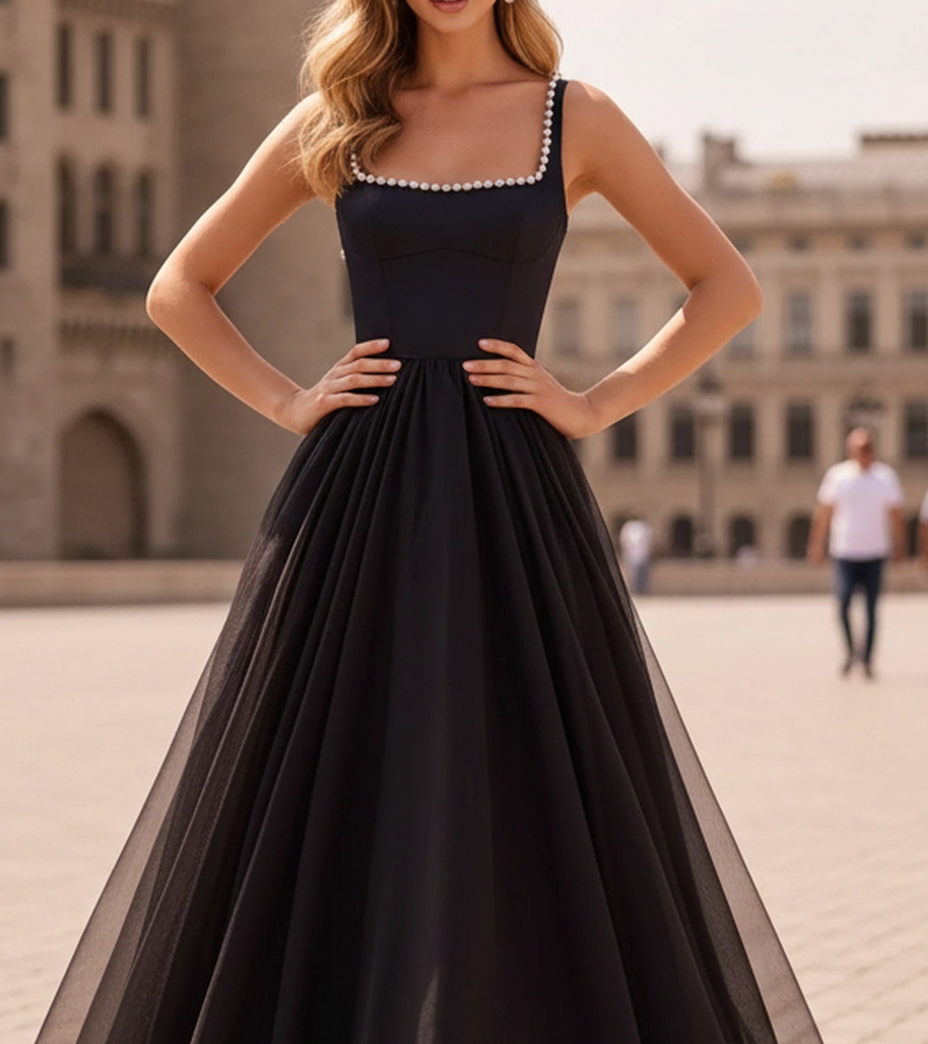 Tank Square Beading Corset Lace Up Chiffon A-Line Long Prom Dress - Black