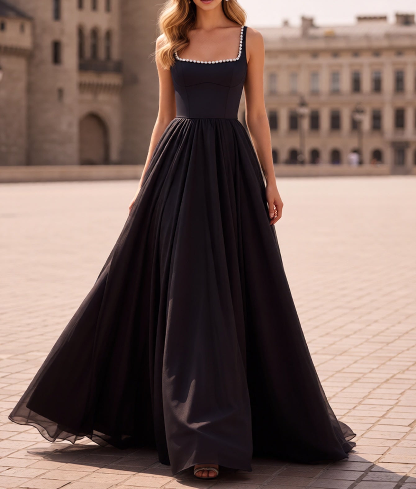 Tank Square Beading Corset Lace Up Chiffon A-Line Long Prom Dress - Black