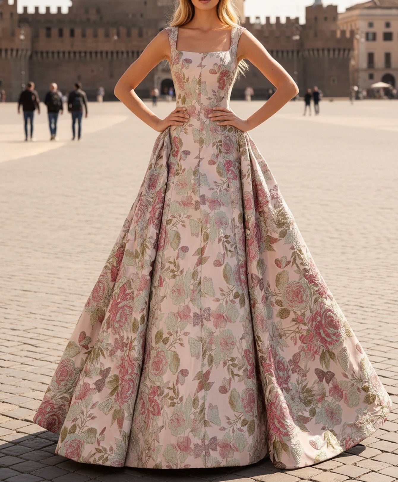 Tank Corset Lace Up Square Floral Long A-Line Prom Dress - Pink Floral