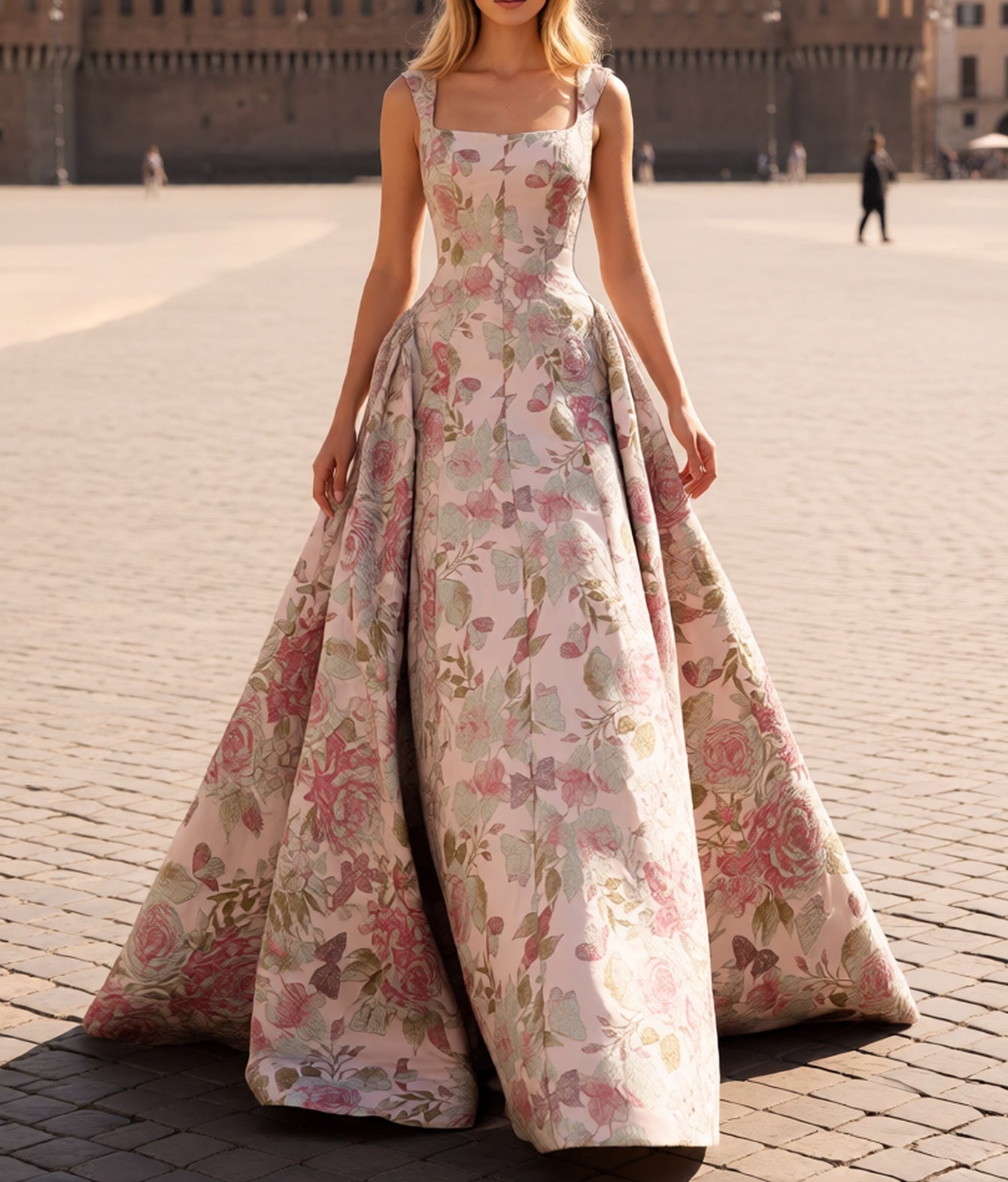 Tank Corset Lace Up Square Floral Long A-Line Prom Dress - Pink Floral