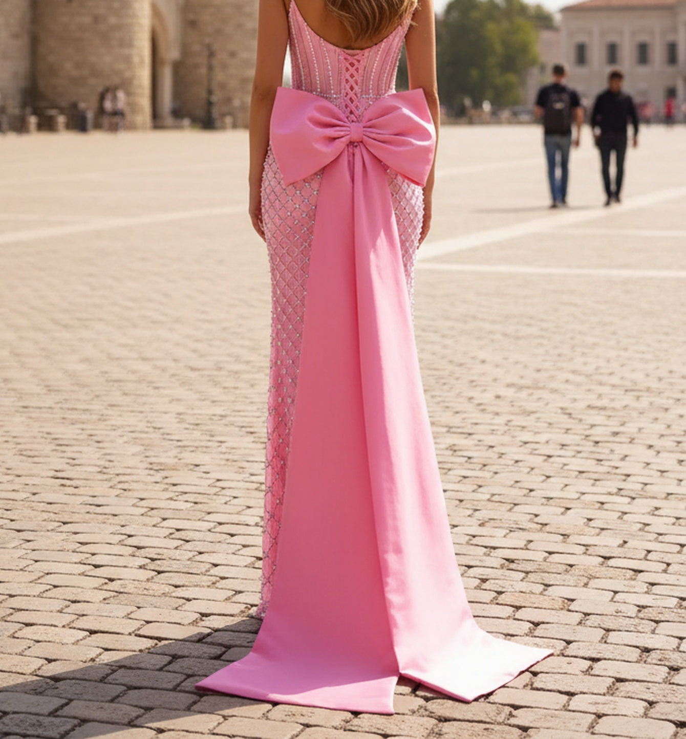 Big Bow Back Sparkly Beading Corset Long Mermaid Prom Dress - Hot Pink