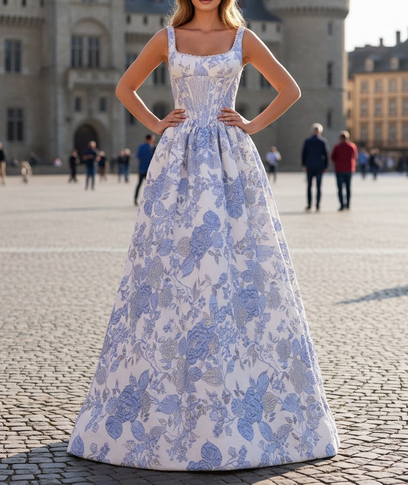 Tank Sparkly Beading Square Floral Long Ball Gown Prom Dress - Blue Floral