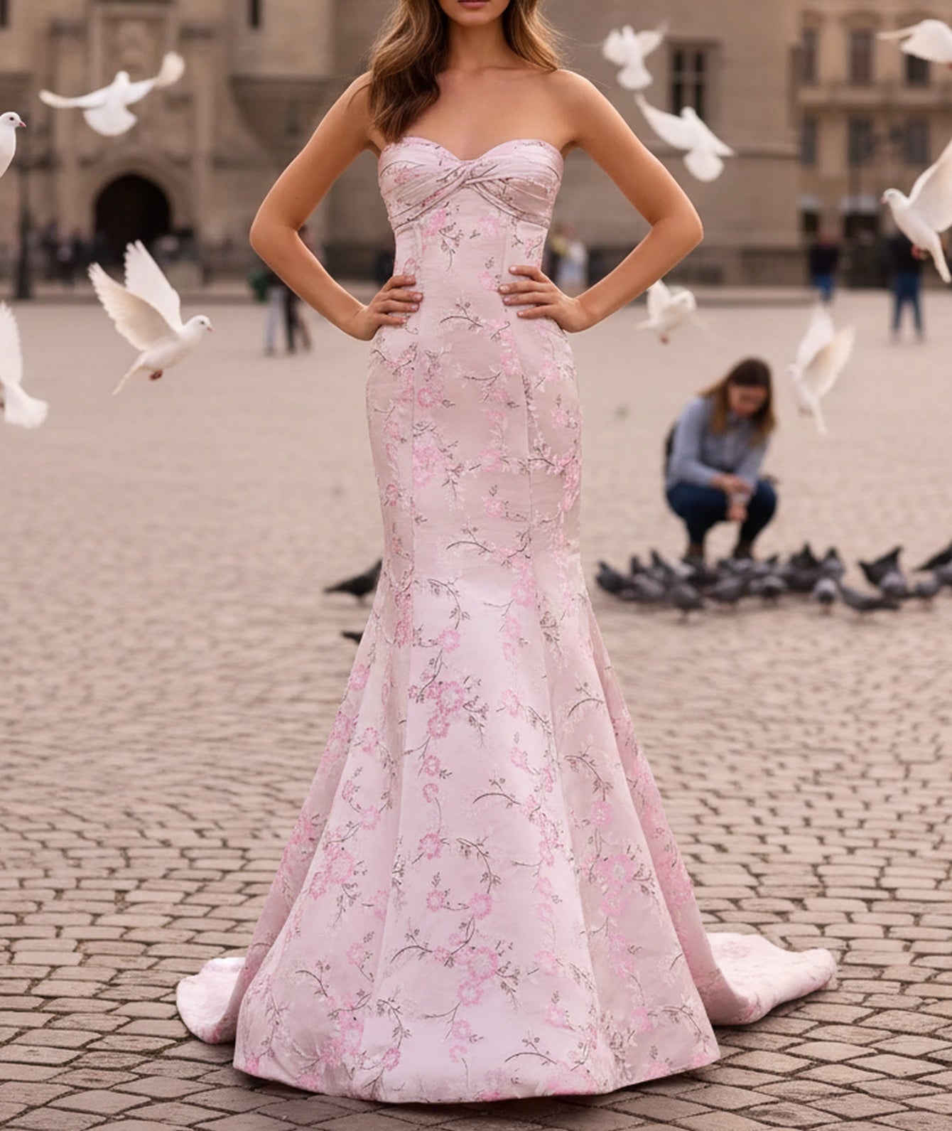 Floral Twist Corset Lace Up Long Mermaid Prom Dress - Pink Floral