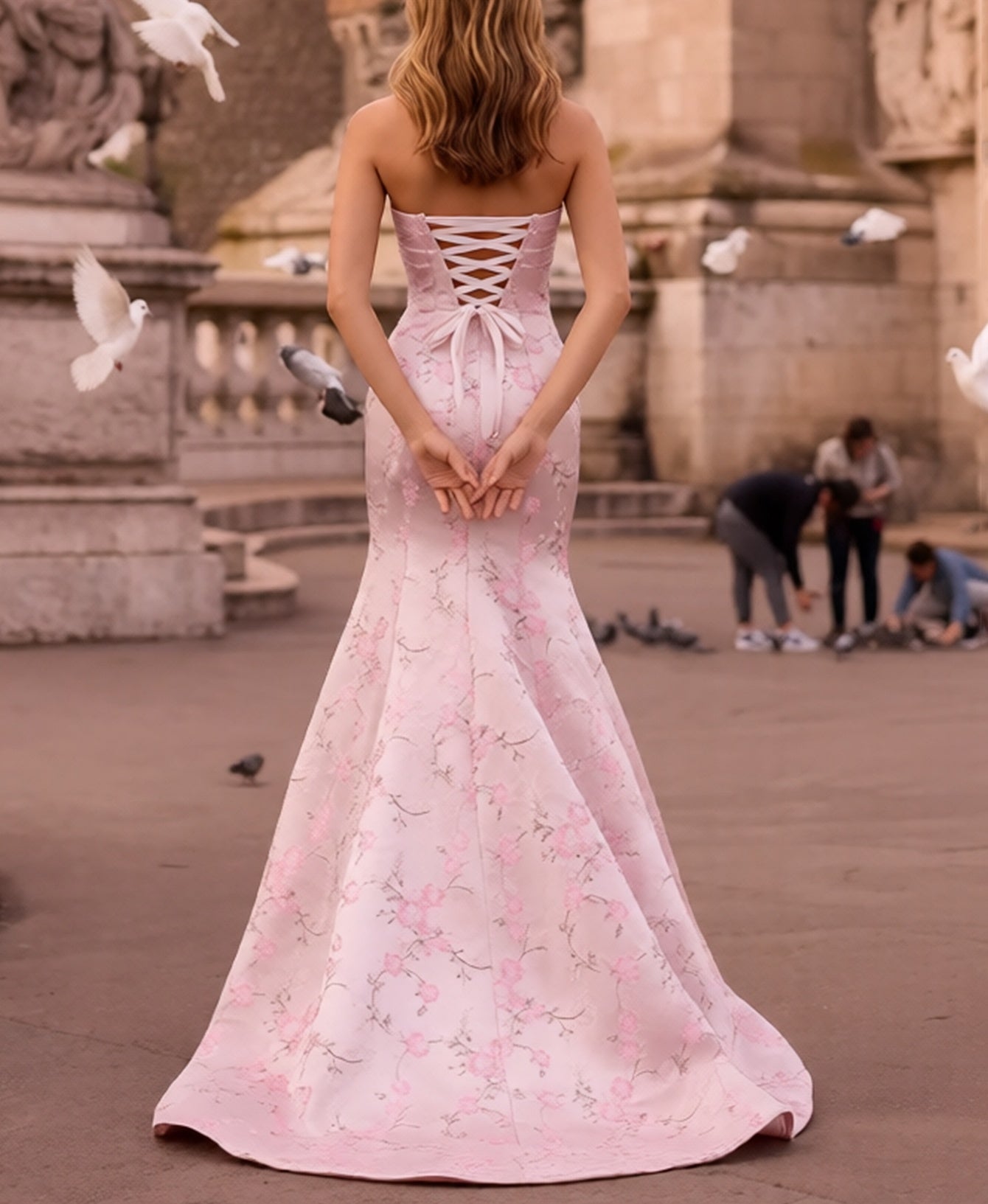 Floral Twist Corset Lace Up Long Mermaid Prom Dress - Pink Floral
