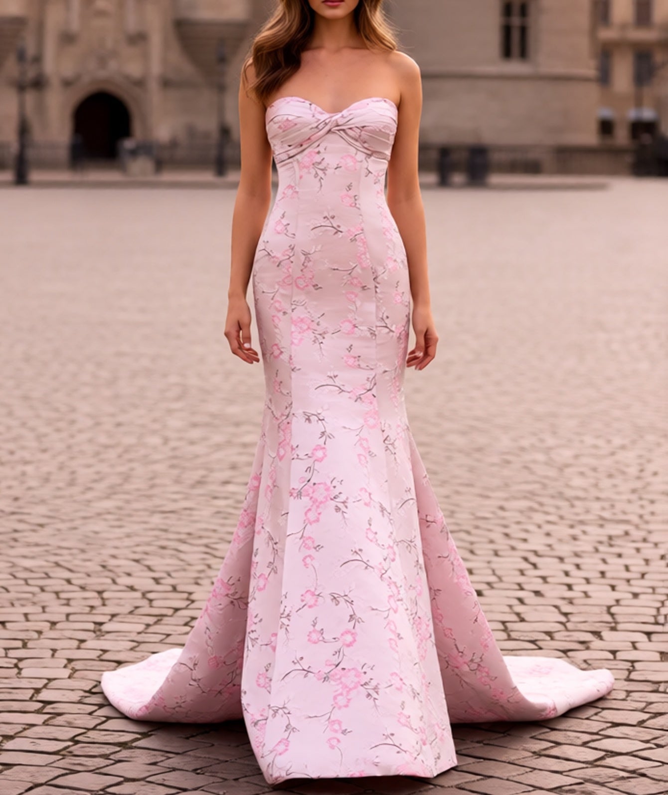 Floral Twist Corset Lace Up Long Mermaid Prom Dress - Pink Floral
