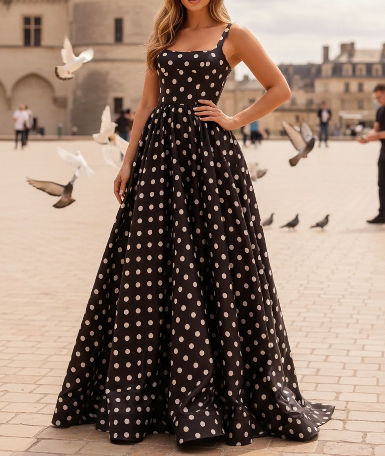 Square White Polka Dot Corset Backless Long Ball Gown Prom Dress